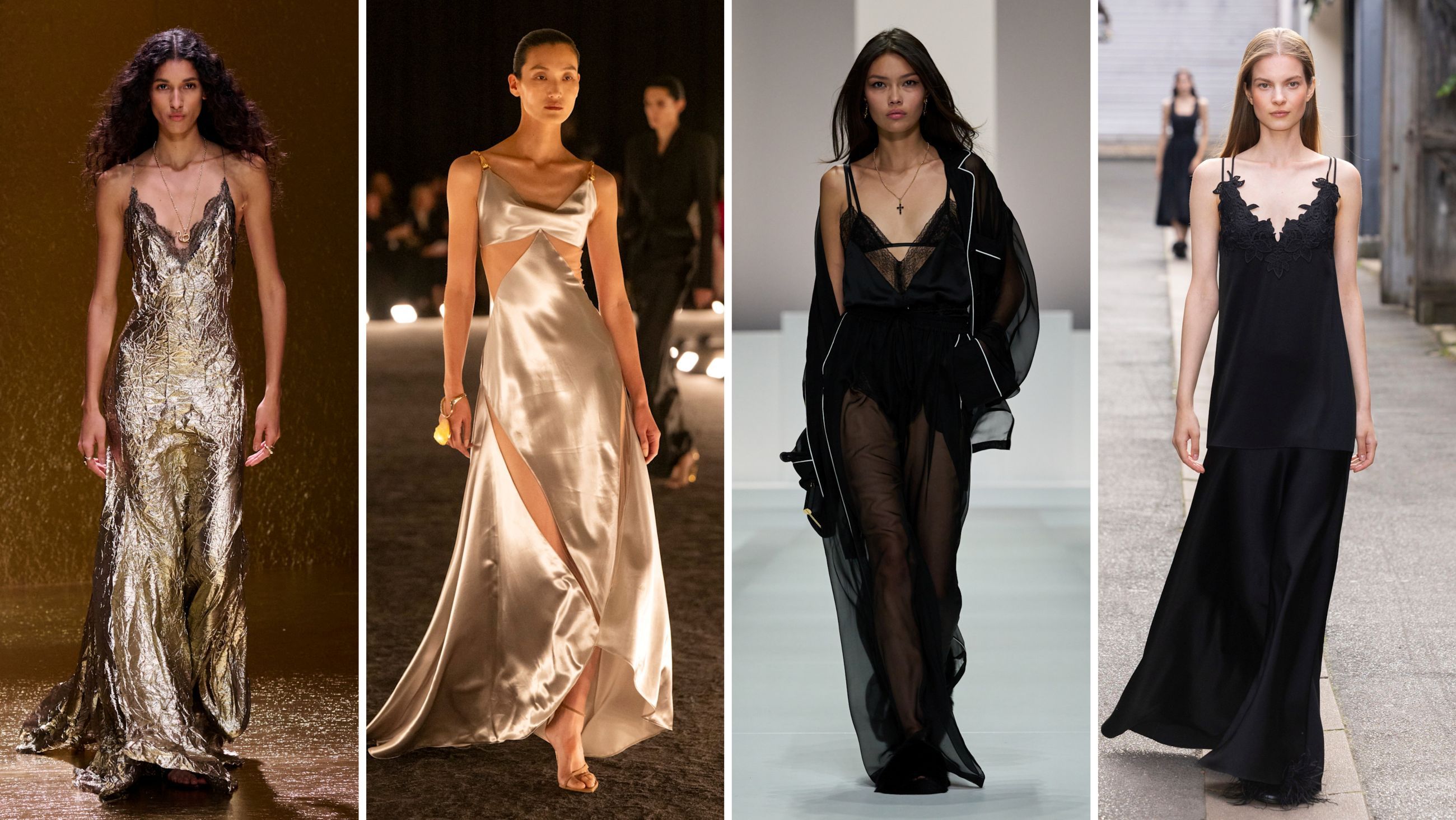 Lunghi e leggiadri, i long slip dress donano alla figura un’allure principesca e dalla sensualità raffinata. Dalle sfilate PE26: da sinistra look Roberto Cavalli; Schiaparelli; Dolce&Gabbana; Ungaro - Credits: Launchmetrics.com/Spotlight