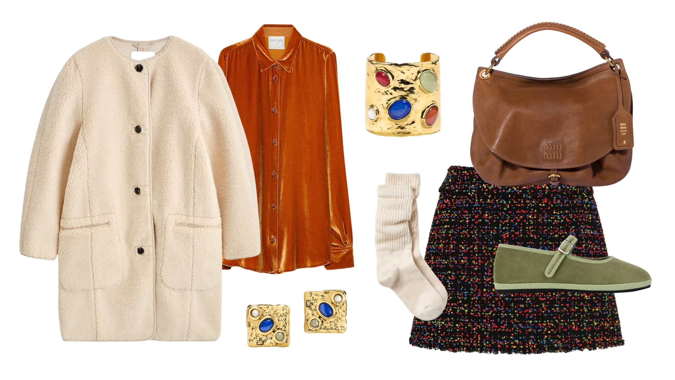 Cappottino, Cos; camicia, forte_forte; minigonna, Dolce&Gabbana; calzettoni, Uniqlo; scarpe, Le Orsine Milano; borsa, Miu Miu; orecchini e bracciale, Goossens Paris