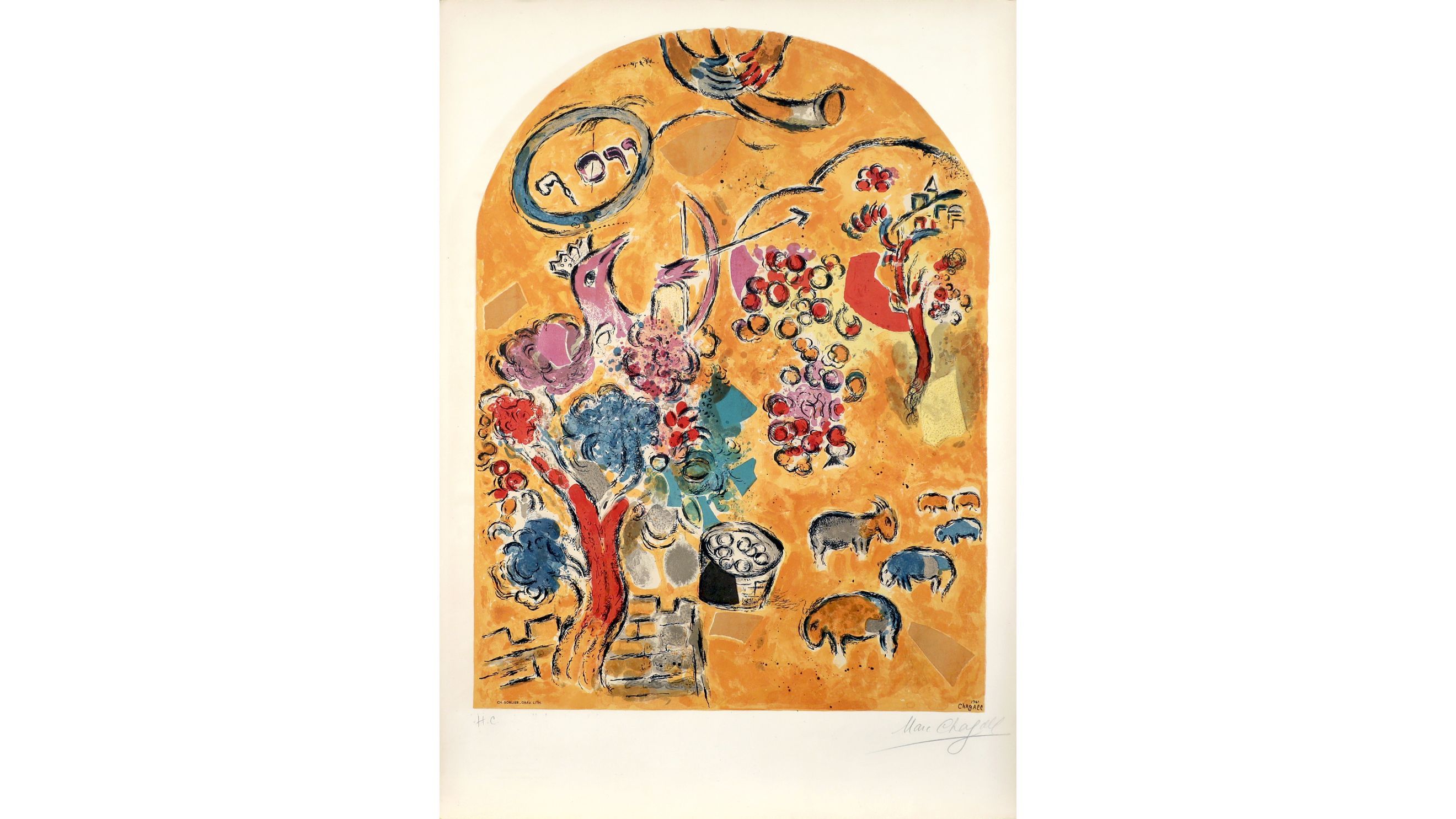 Marc Chagall, Portfolio di ventiquattro litografie d’interpretazione a colori per le "Vetrate di Gerusalemme". La tribù di Neftali (1964), Litografia stampate a colori, 74x52,5 cm, Collezione privata © Marc Chagall, by SIAE 2025 - Credits: Courtesy Press Office
