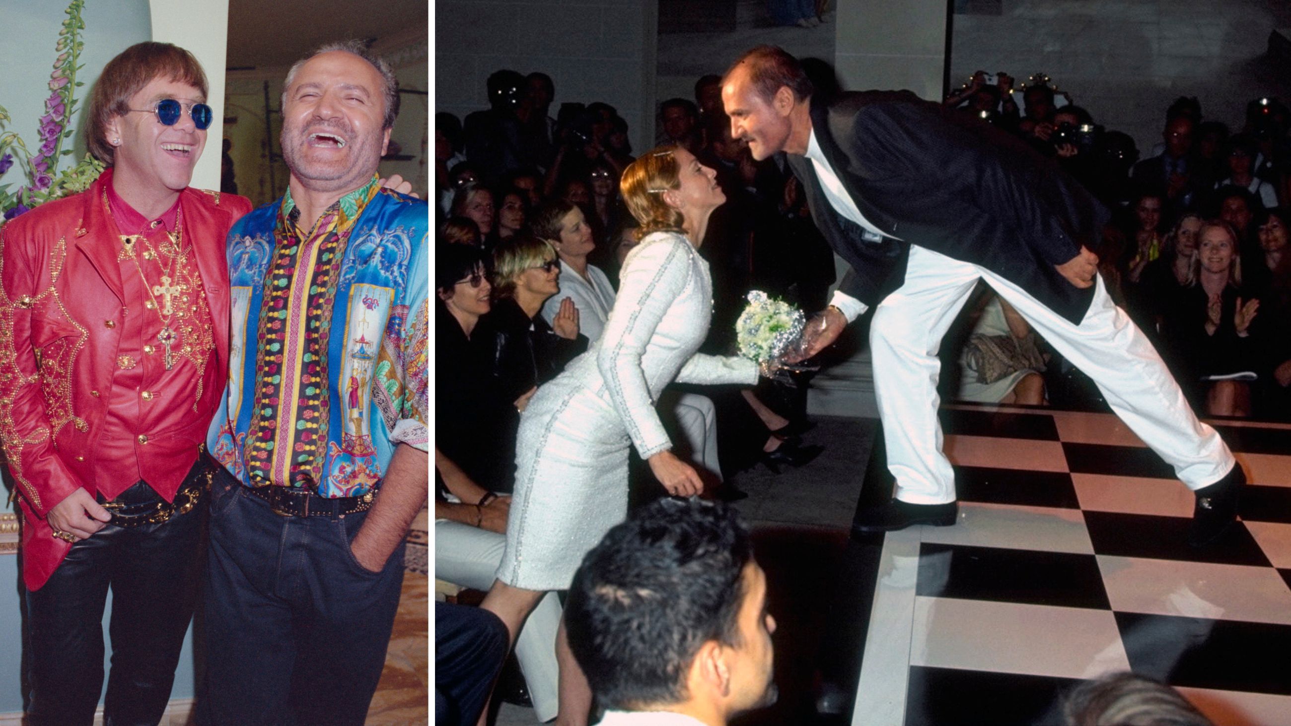 A sinistra, Gianni Versace ride insieme all’amico Elton John durante l’evento di apertura di una nuova boutique Versace il 28 maggio 1992; a destra, lo stilista dona il suo bouquet alla cantante Madonna, seduta in prima fila durante la sfilata FW9596 firmata dal designer, il 6 luglio 1995 - Credits: Getty Images