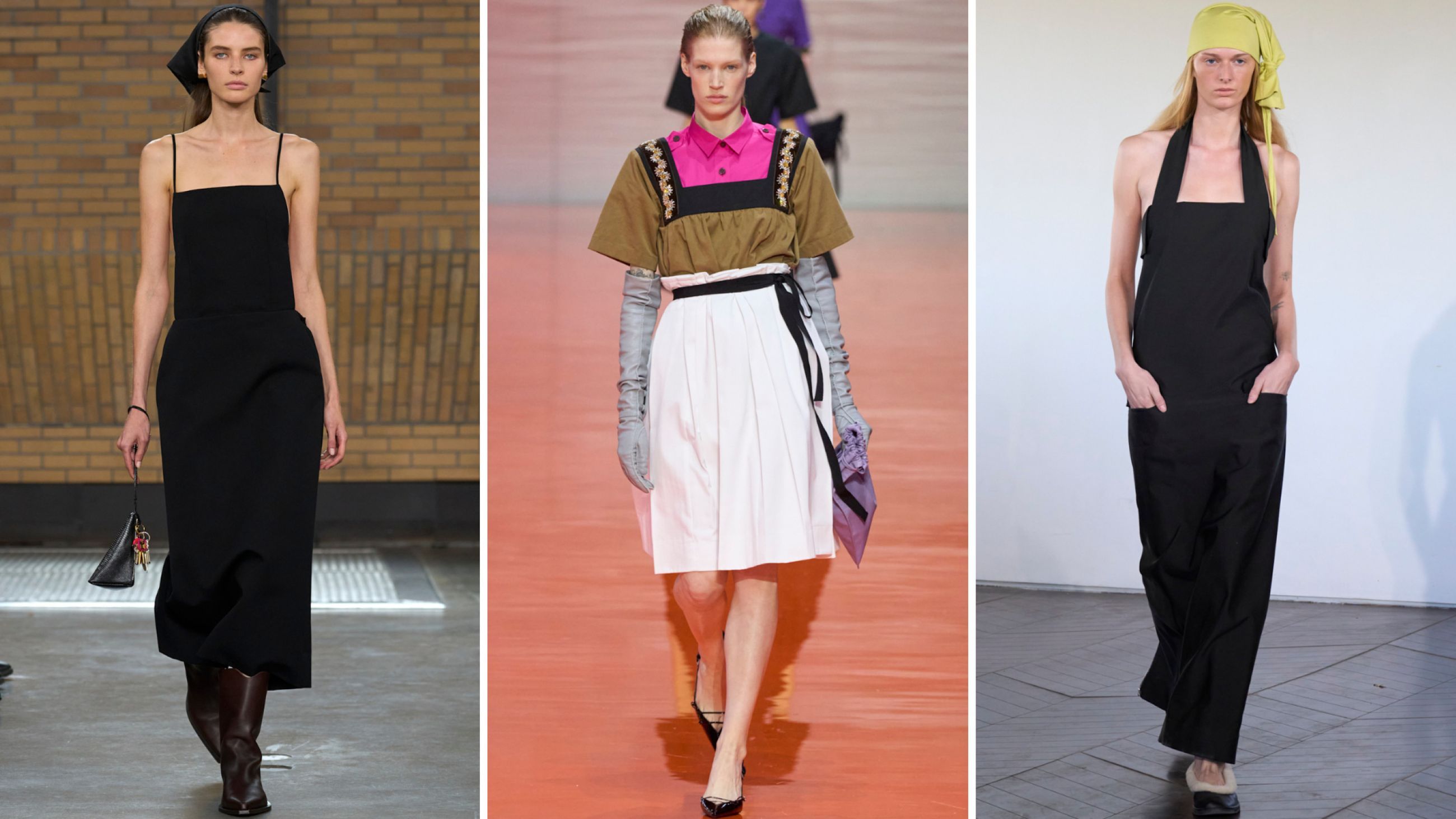 Da sinistra: Calvin Klein, Prada, Talia Byre SS26 - Credits Launchmetrics
