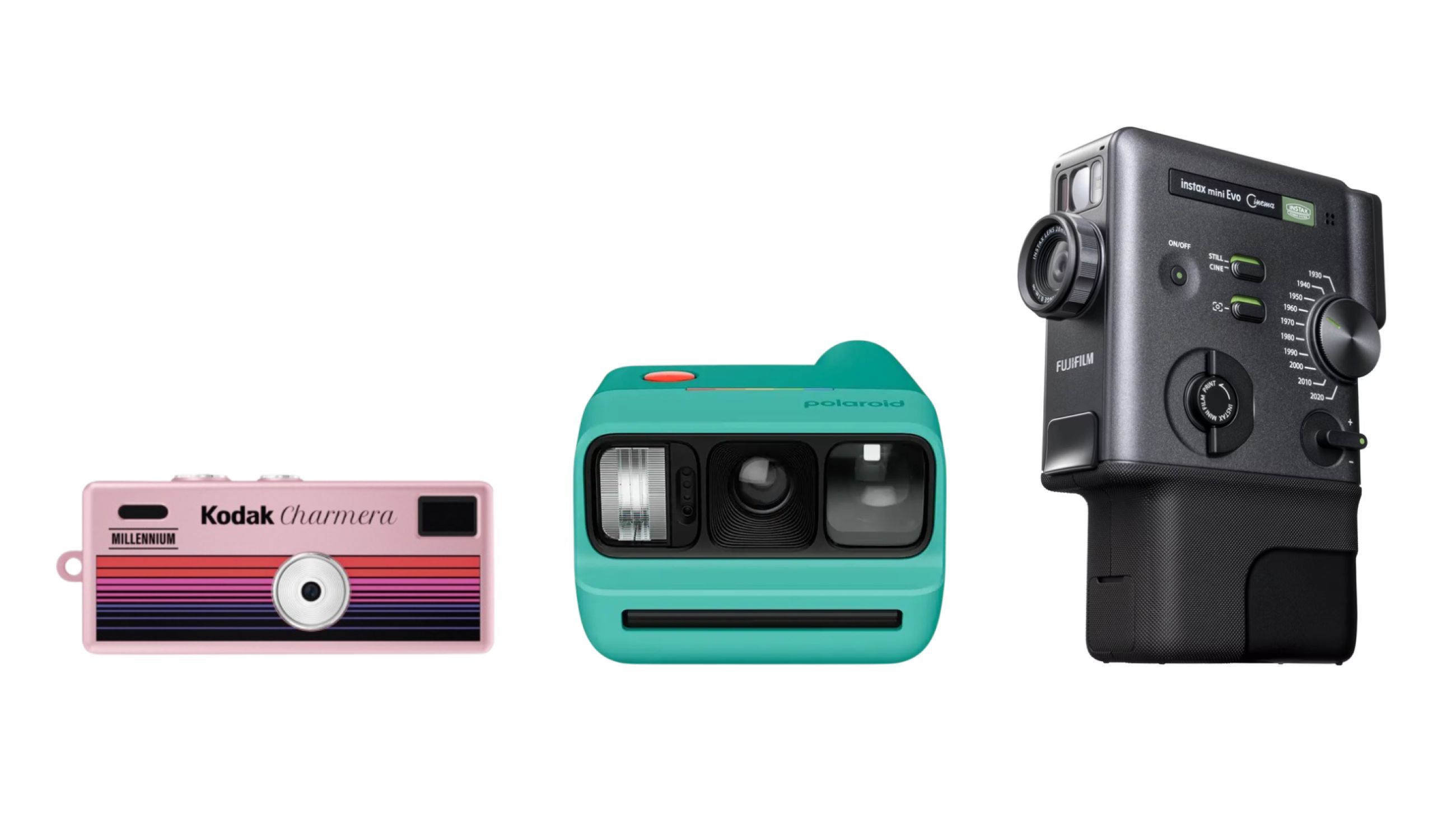 Da sinistra: KODAK Charmera Millennium; Fujifilm instax mini Evo Cinema; Polaroid Go Generation 3 - Courtesy Press Office