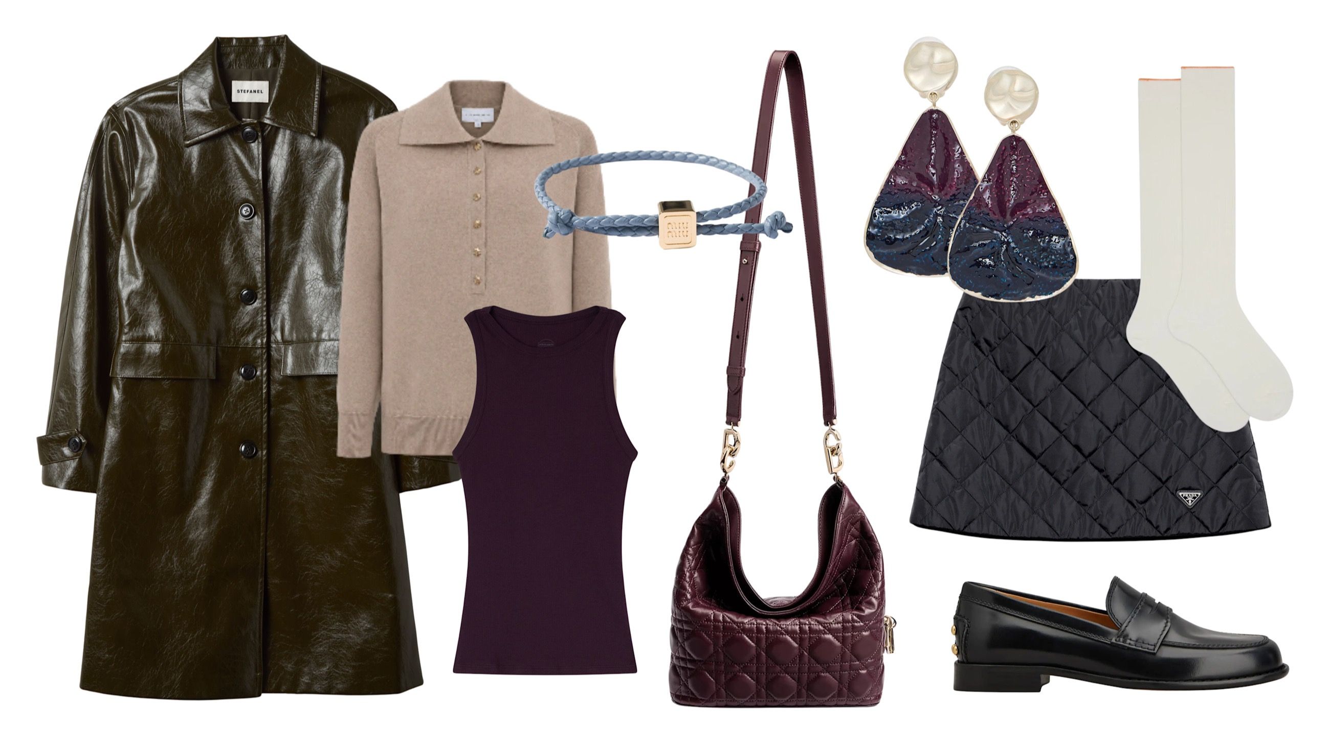 Spolverino, Stefanel; maglioncino, Violante Nessi; canottiera, Intimissimi; minigonna, Prada; calzettoni, Gallo; mocassini, Tod’s; borsa, Christian Dior; orecchini, Giorgio Armani; bracciale, Miu Miu