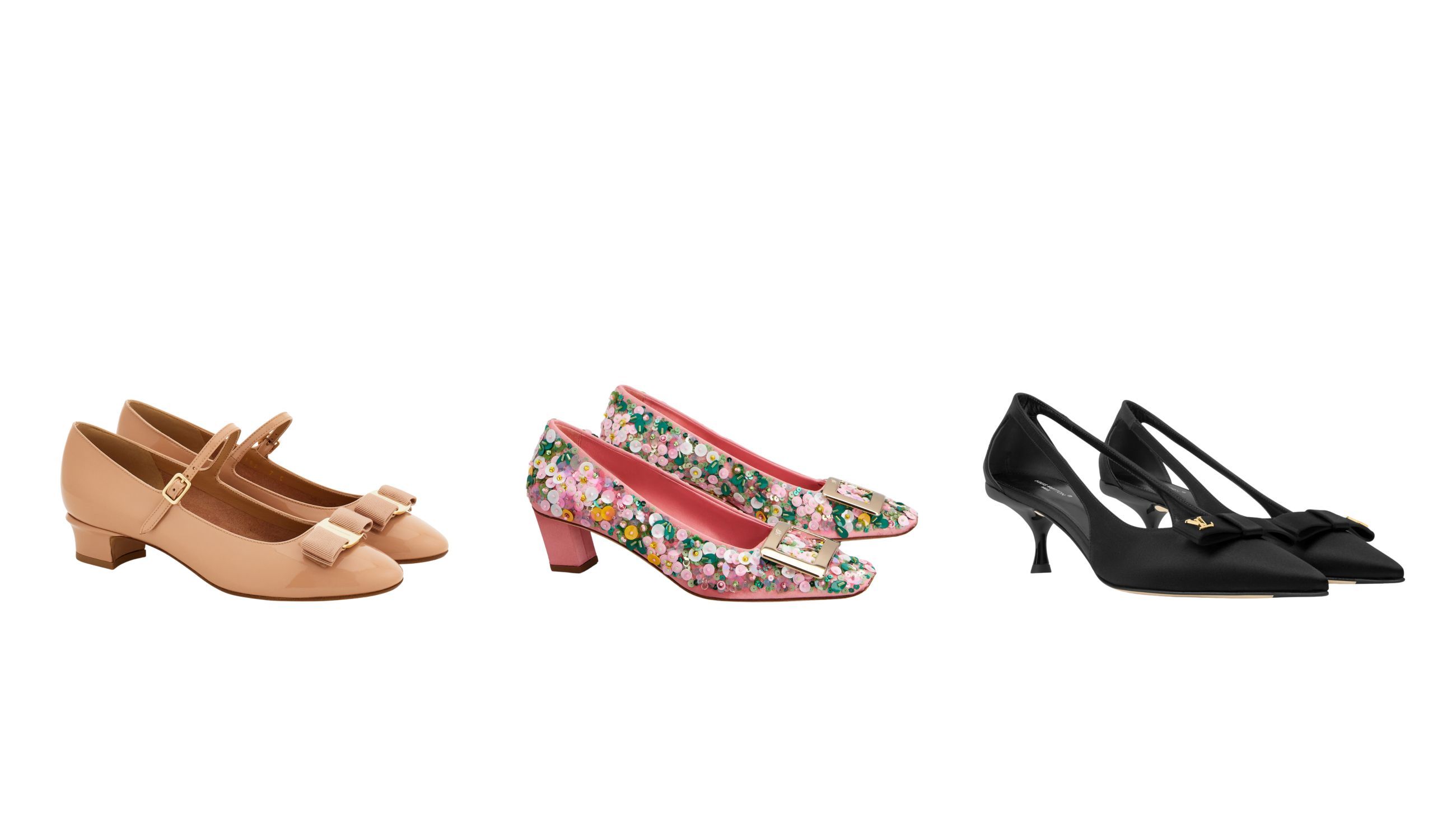Da sinistra: Ferragamo; Roger Vivier; Louis Vuitton