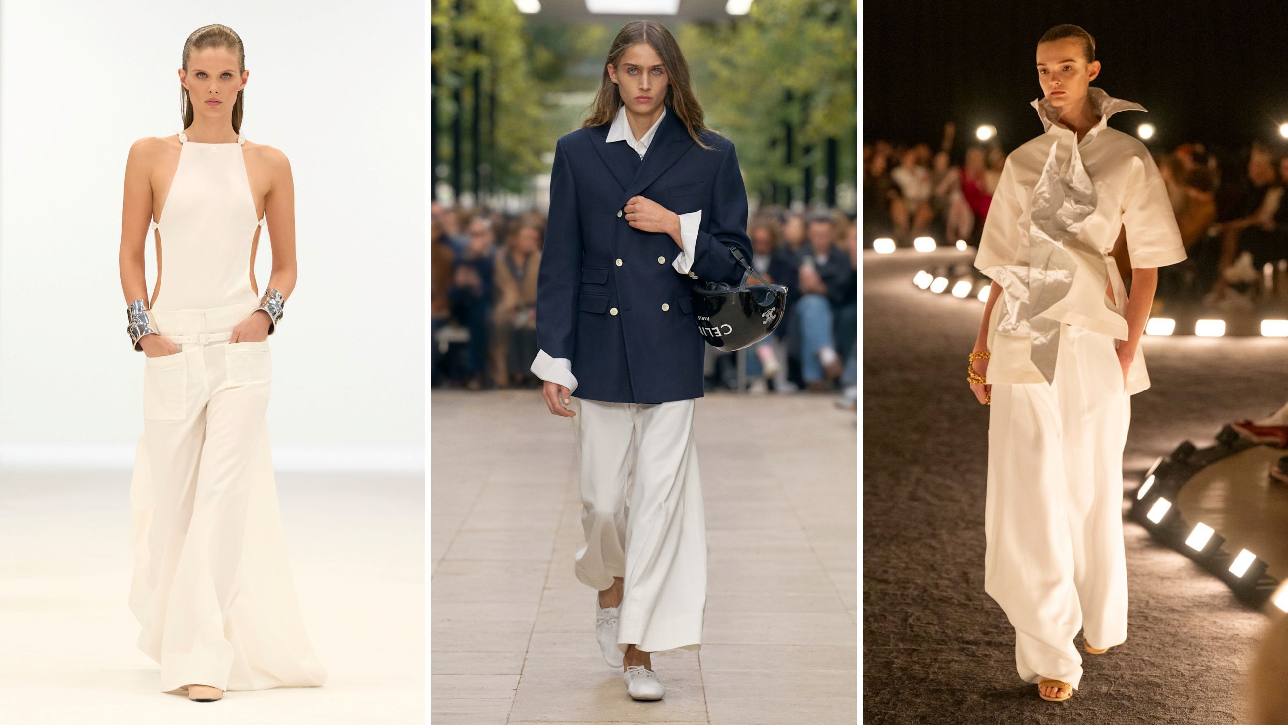 Larga e ariosa, la gonna/pantalone è il capo ideale per giornate all’insegna di comodità e stile. Dalle collezioni PE26: da sinistra look Courreges; Celine; Schiaparelli - Credits: Launchmetrics.com/Spotlight