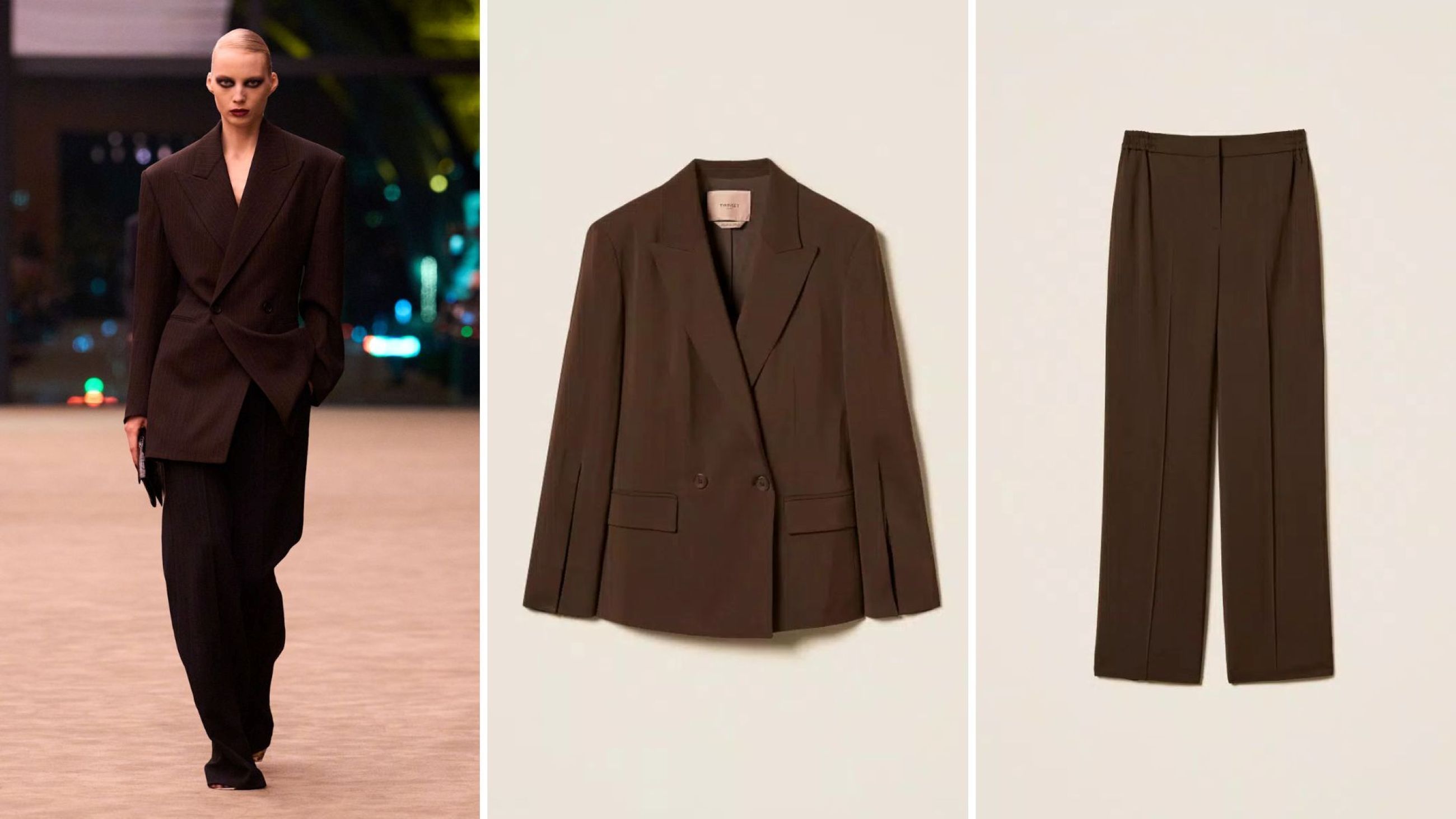 Saint Laurent FW26; Tailleur marrone di Twinset - Credits: Launchmetrics.com/Spotlight; Courtesy Press Office