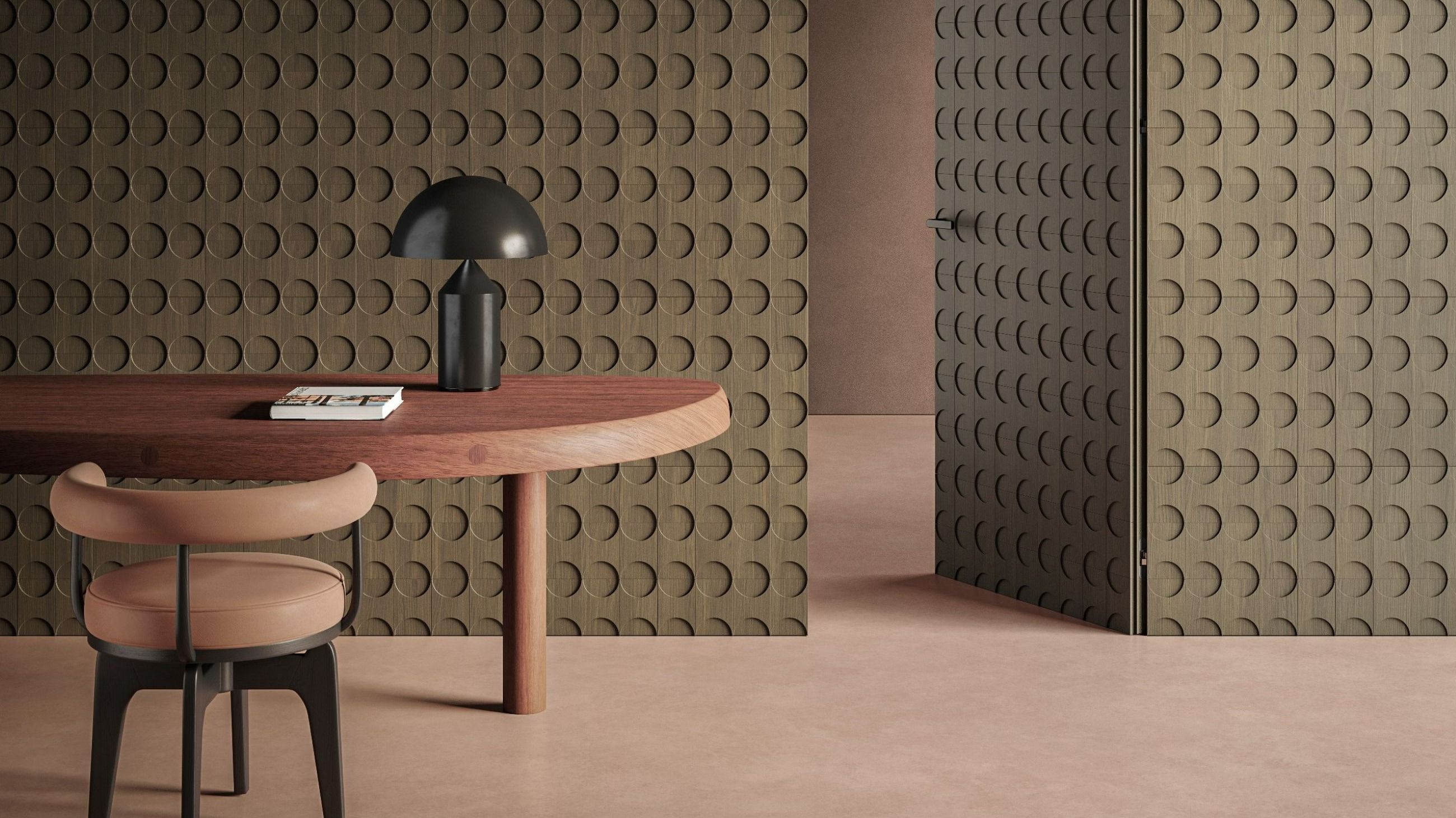 Le Mosantine, Scrigno, design Elisa Ossino: pannellatura in rovere che combina geometrie regolari e rilievi tridimensionali