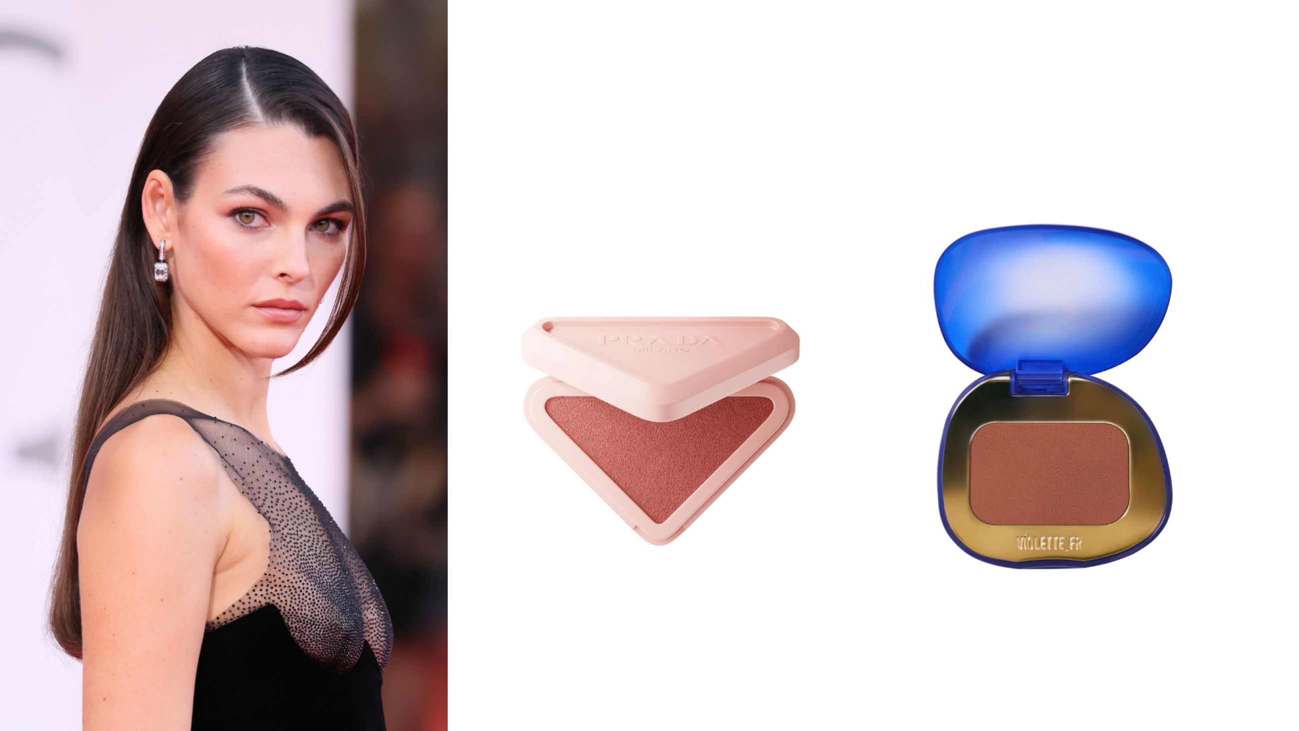 Da sinistra: Vittoria Ceretti - Credits Getty Images; Prada, Touch Blush; Violette_FR, Plume Blush Latte Praline - Courtesy Press Office