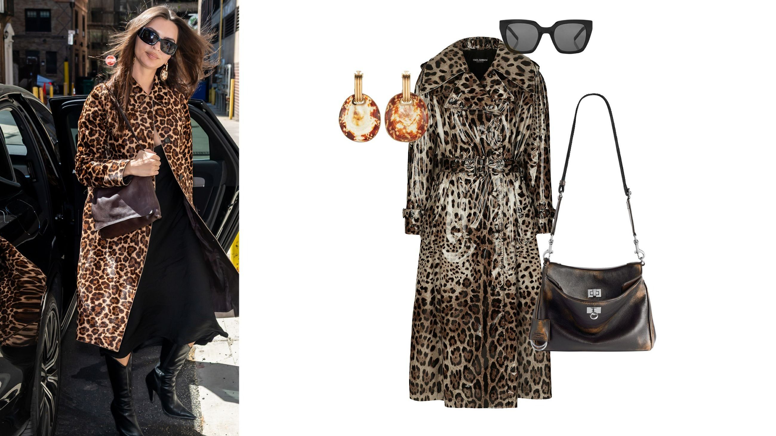 A sinistra: Emily Ratajkowski in look animalier - Credits Getty Images. Per imitare il suo stile: trench Dolce&Gabbana, orecchini Tory Burch, occhiali Saint Laurent, borsa Balenciaga - Courtesy Brand/Press Office 