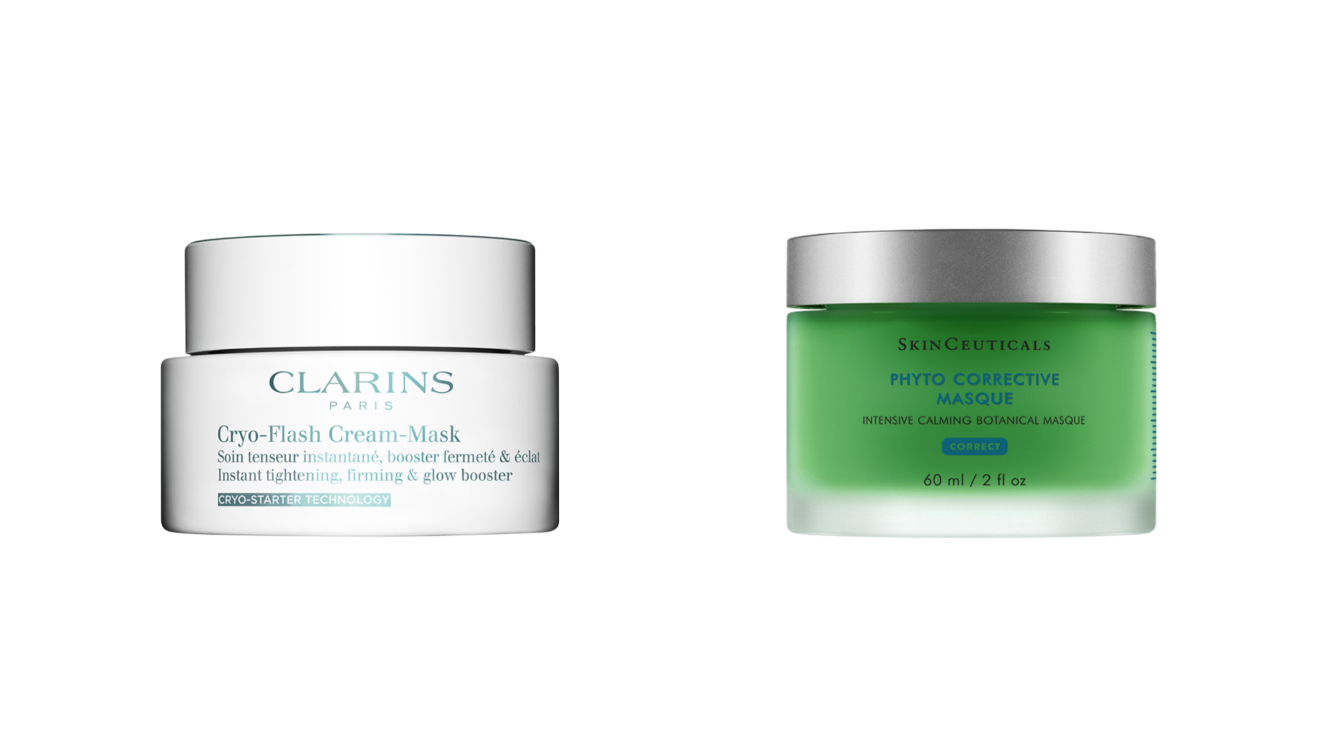 Da sinistra: Clarins, Cryo-Flash Cream Mask; Skinceuticals, Phyto Corrective Masque - Courtesy Press Office