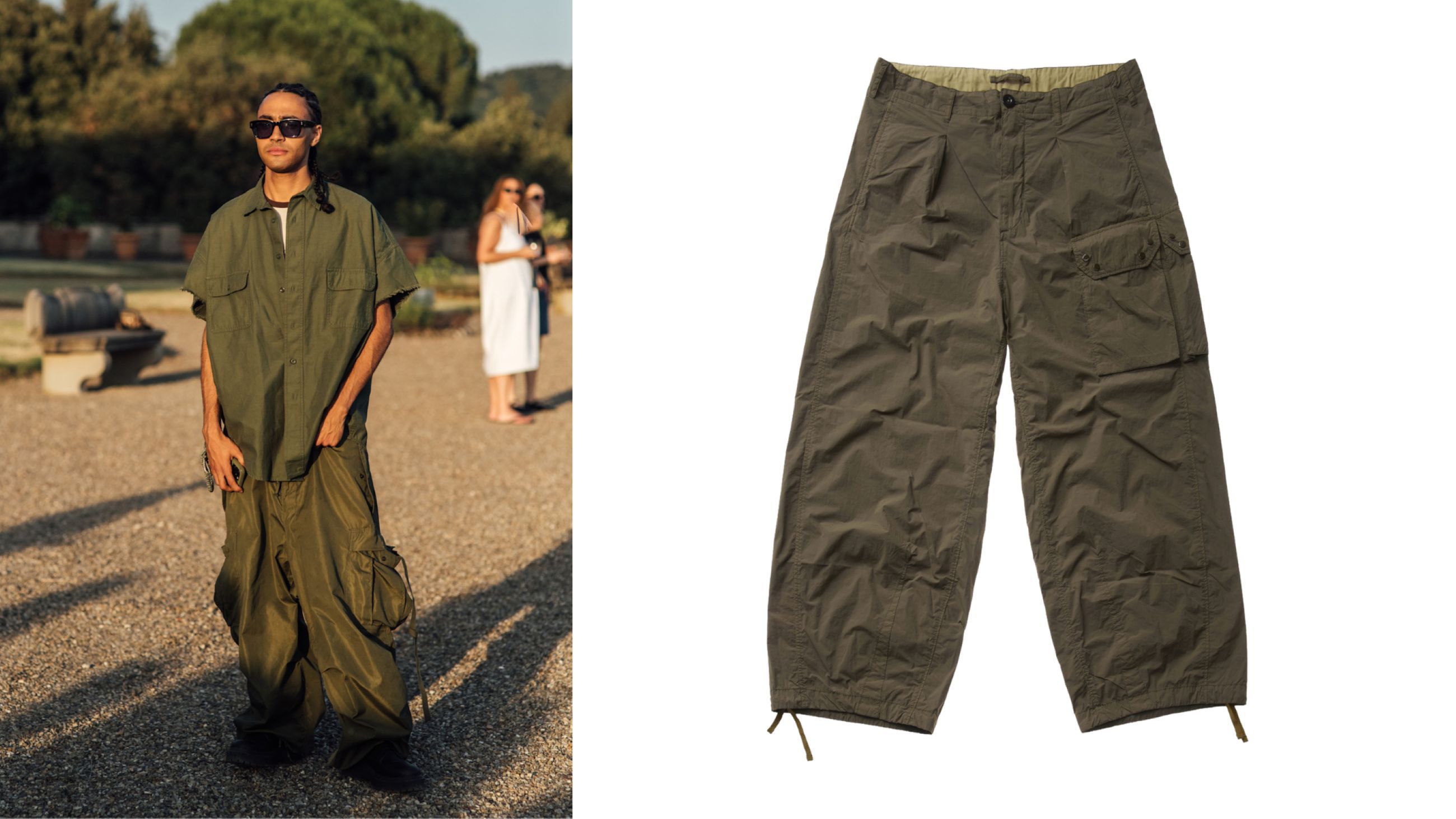 Da sinistra: Credits Launchmetrics.com/Spotlight; Pantaloni cargo da uomo, Ten C