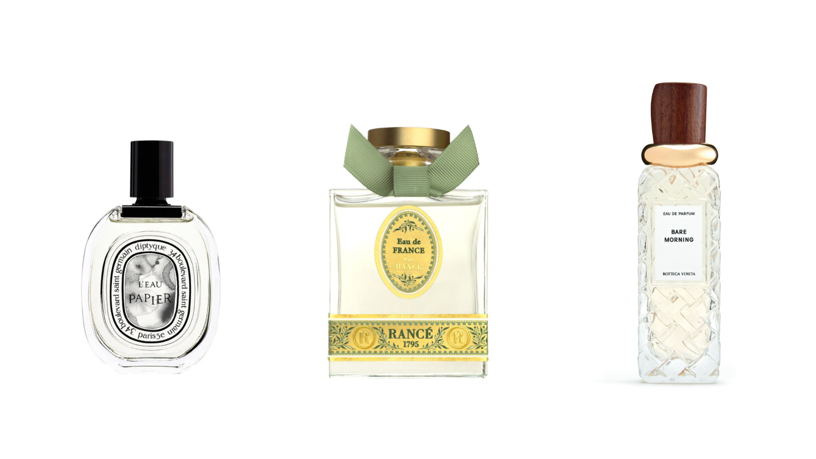 Da sinistra: Diptyque, L'Eau Papier; Rancé, Eau de France; Bottega Veneta, Bare Morning - Courtesy Press Office