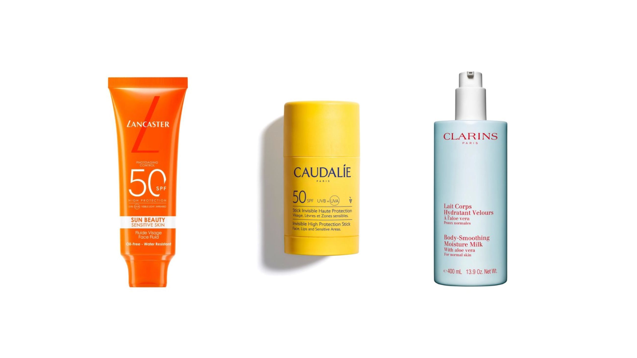 Lancaster, Sun Beauty SPF50; Caudalie, Suncare Invisible Stick; Clarins, latte Corpo Idratante all'Aloe - Courtesy Press Office