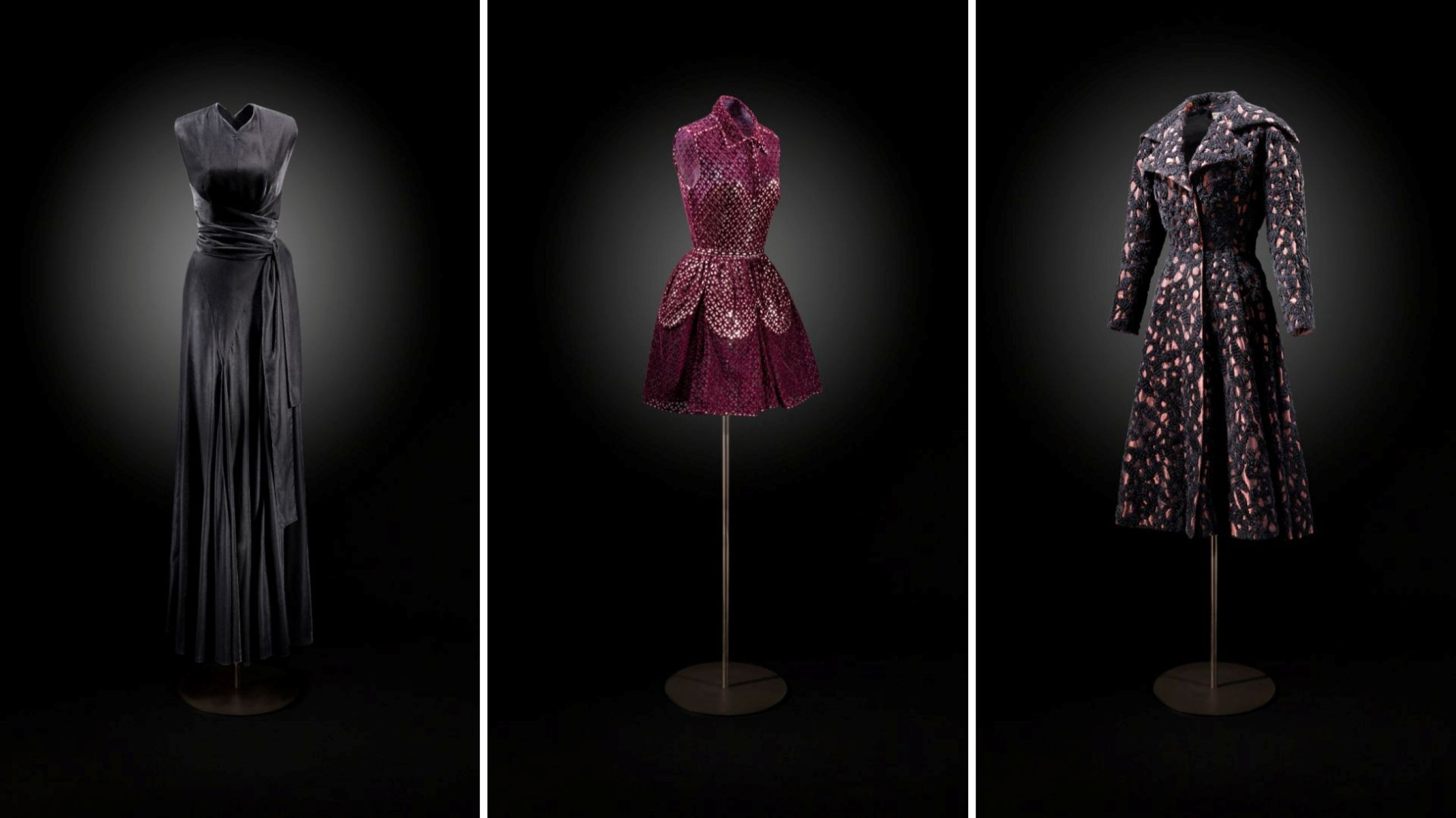 Da sinistra: Couture Autunno-Inverno 2010 Abito da sera lungo in velluto nero, drappeggiato e a vita stretta; Couture Autunno-Inverno 2011 Abito in velluto traforato bordeaux con bustier in lamé argento e cintura in velluto; Alta moda Autunno-Inverno 1948 Cappotto in taffetà rosso ramericamato conciniglia nera,taglio svato e ampio collo a punta. Foto/Photo: DR. Julien Vidal - Courtesy Press Office