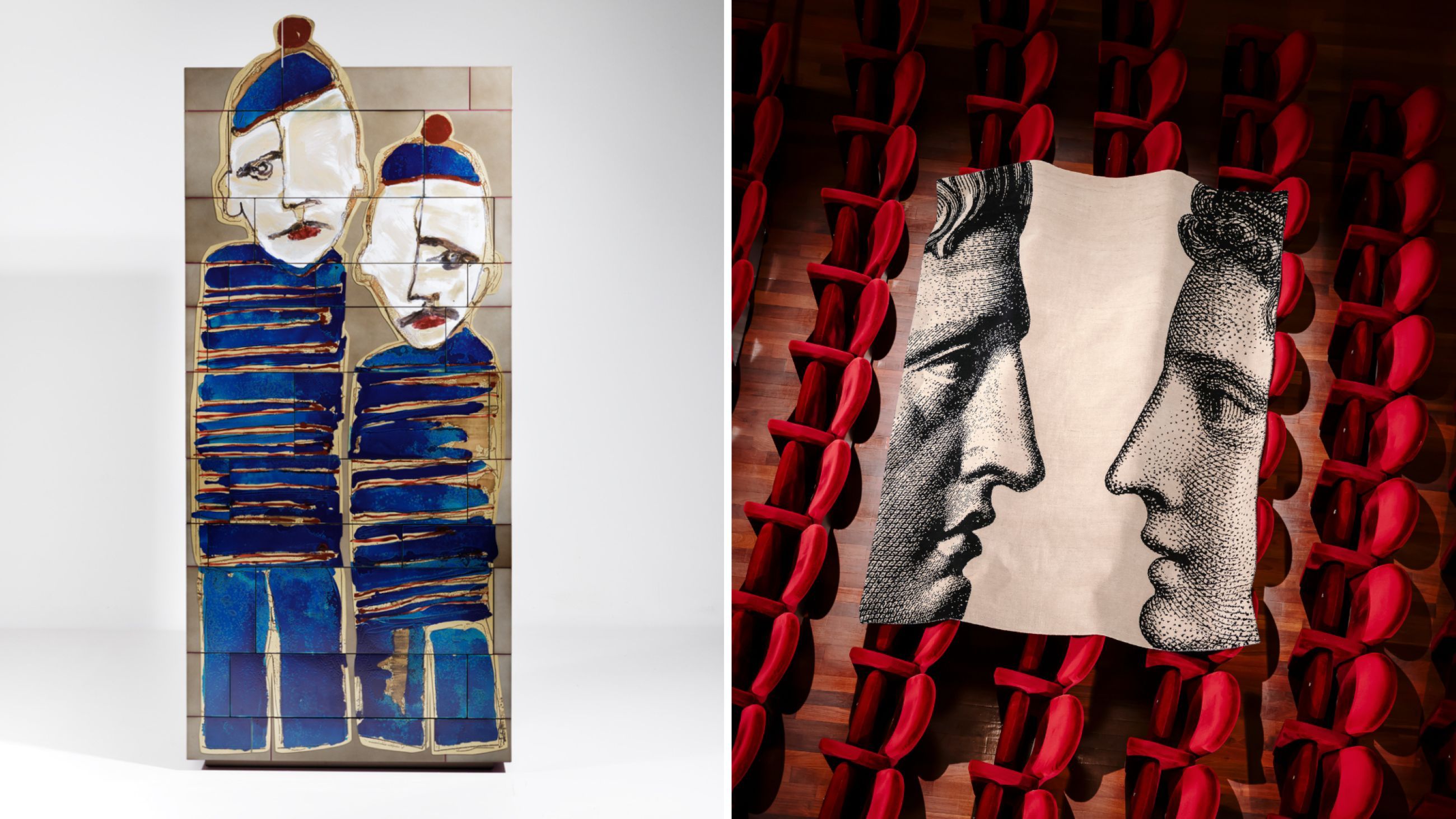 Da sinistra: La Geometria del Caos. Antonio Marras X De Castelli. Cassettiera Celato Skeria - Courtesy Daniele Notaro; Fornasetti x cc-tapis - Courtesy Piotr Niepsuj 