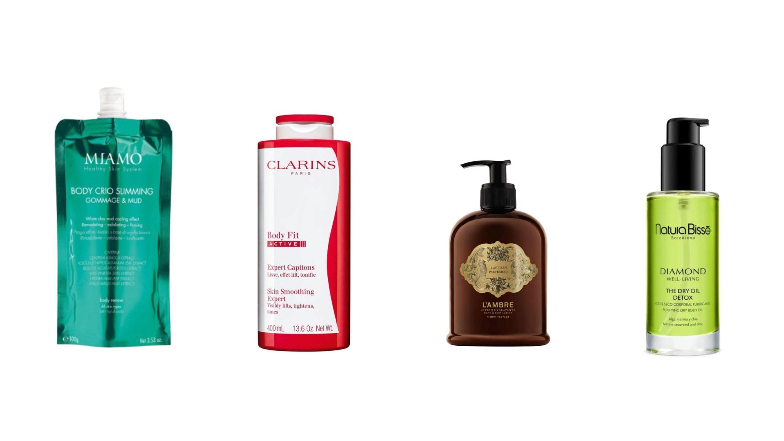 Miamo, Body Crio Slimming Gommage & Mud; Body Fit Active, Clarins; L’Artisan Parfumeur, Ambre Body Lotion; Natura Bissé, The Dry Oil Detox - Courtesy Press Office
