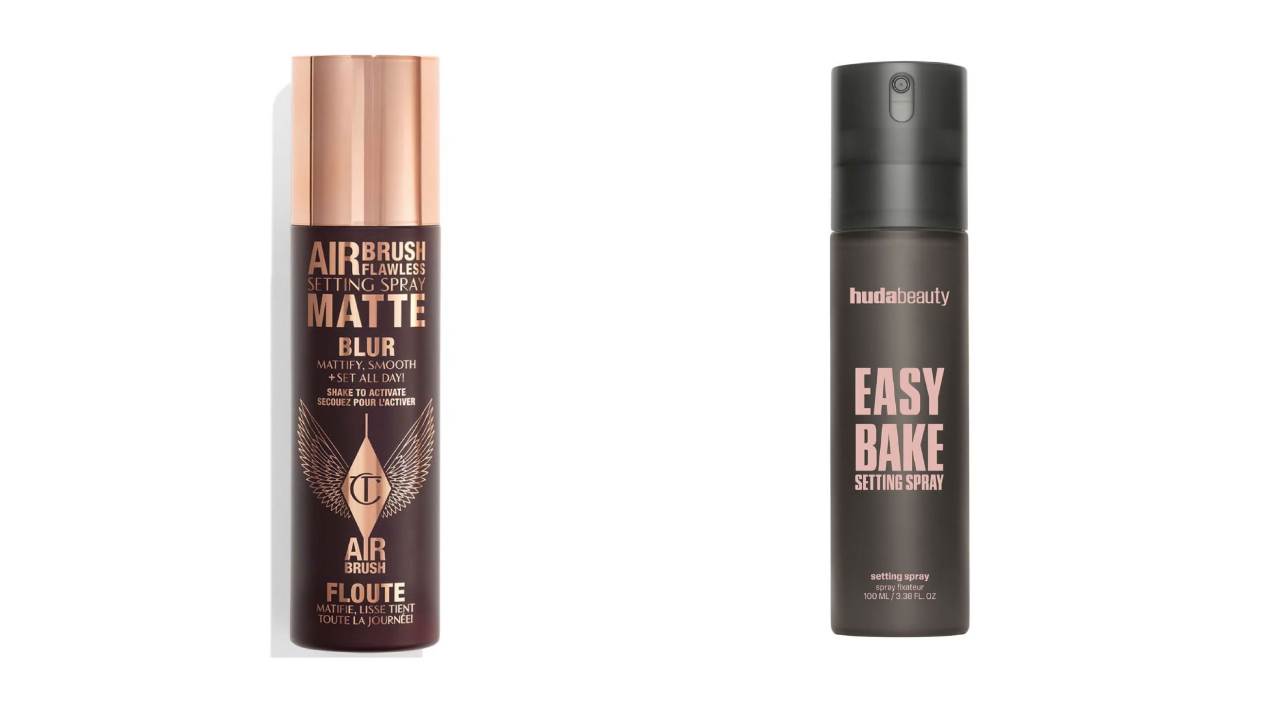 Da sinistra: Charlotte Tilbury, AirBrush Flawless Setting Spray Matte; Huda Beauty, Easy Bake Setting Spray - Courtesy Press Office
