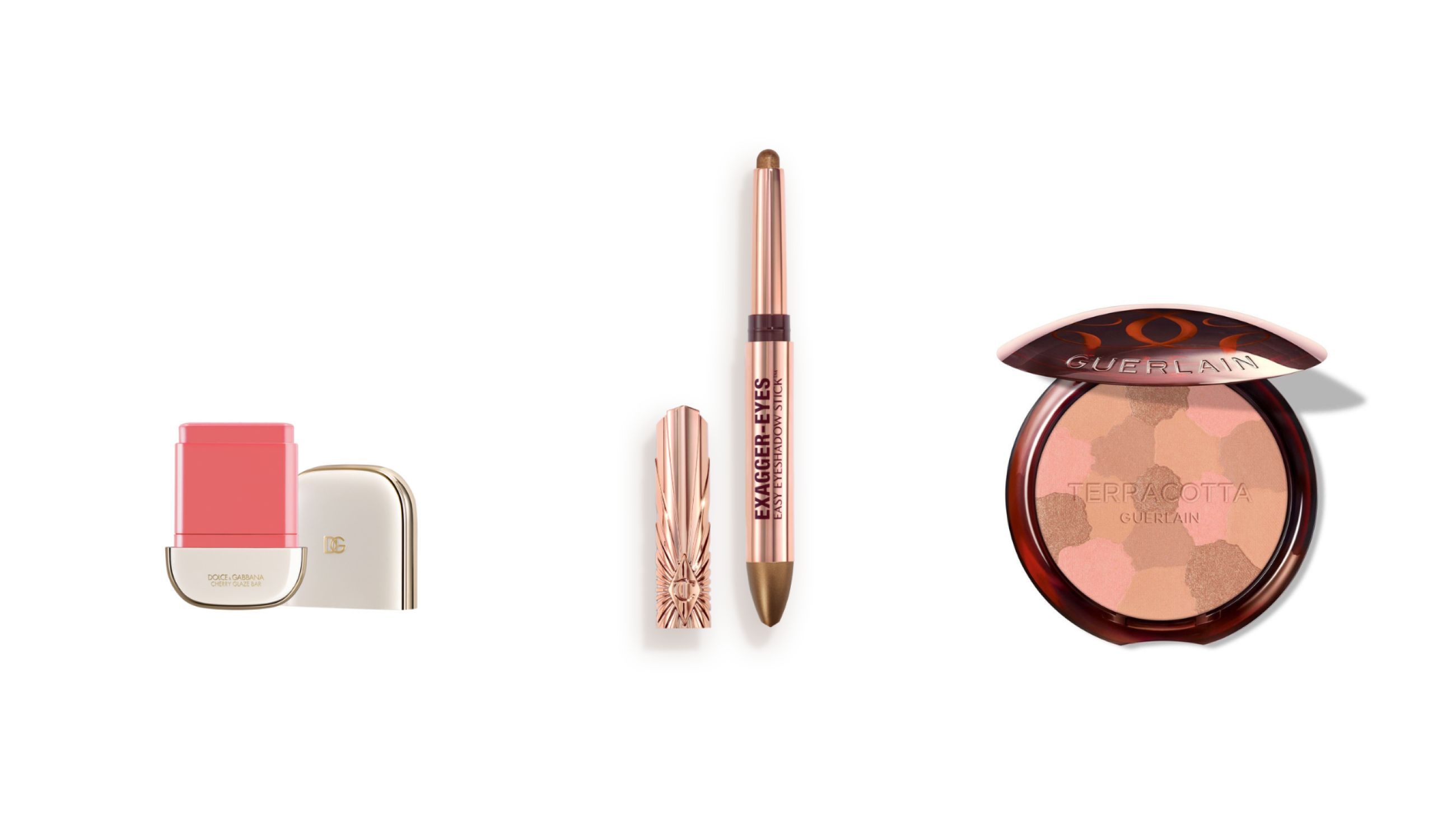 Da sinistra: Dolce & Gabbana, Cherry Glaze Bar; Charlotte Tilbury, Exagger-Eyes Easy Eyeshadow Stick; Guerlain, Terracotta Light - Courtesy Press Office