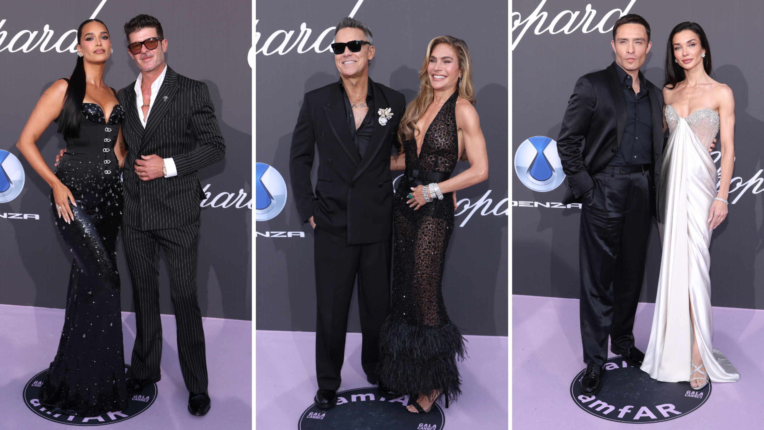 Da sinistra: Robin Thicke e April Love Geary, Robbie Williams e yda Field, Ed Westwick e 
Amy Jackson - Crediti: Getty Images