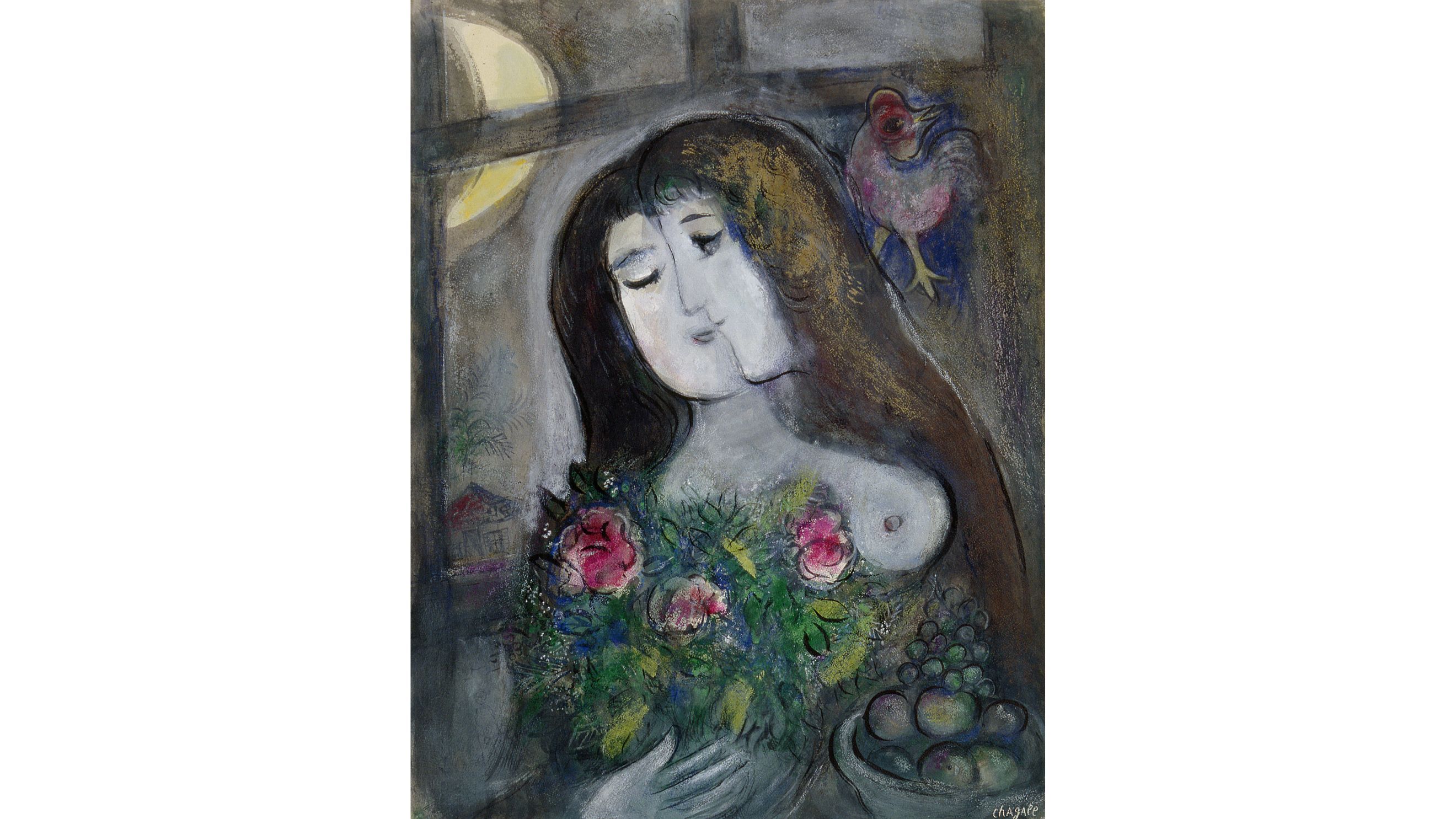 Marc Chagall, Doppio volto al chiaro di luna (1950), Gouache e pastelli colorati su carta, 65x50 cm, Collezione privata © Marc Chagall, by SIAE 2025 - Credits: Courtesy Press Office