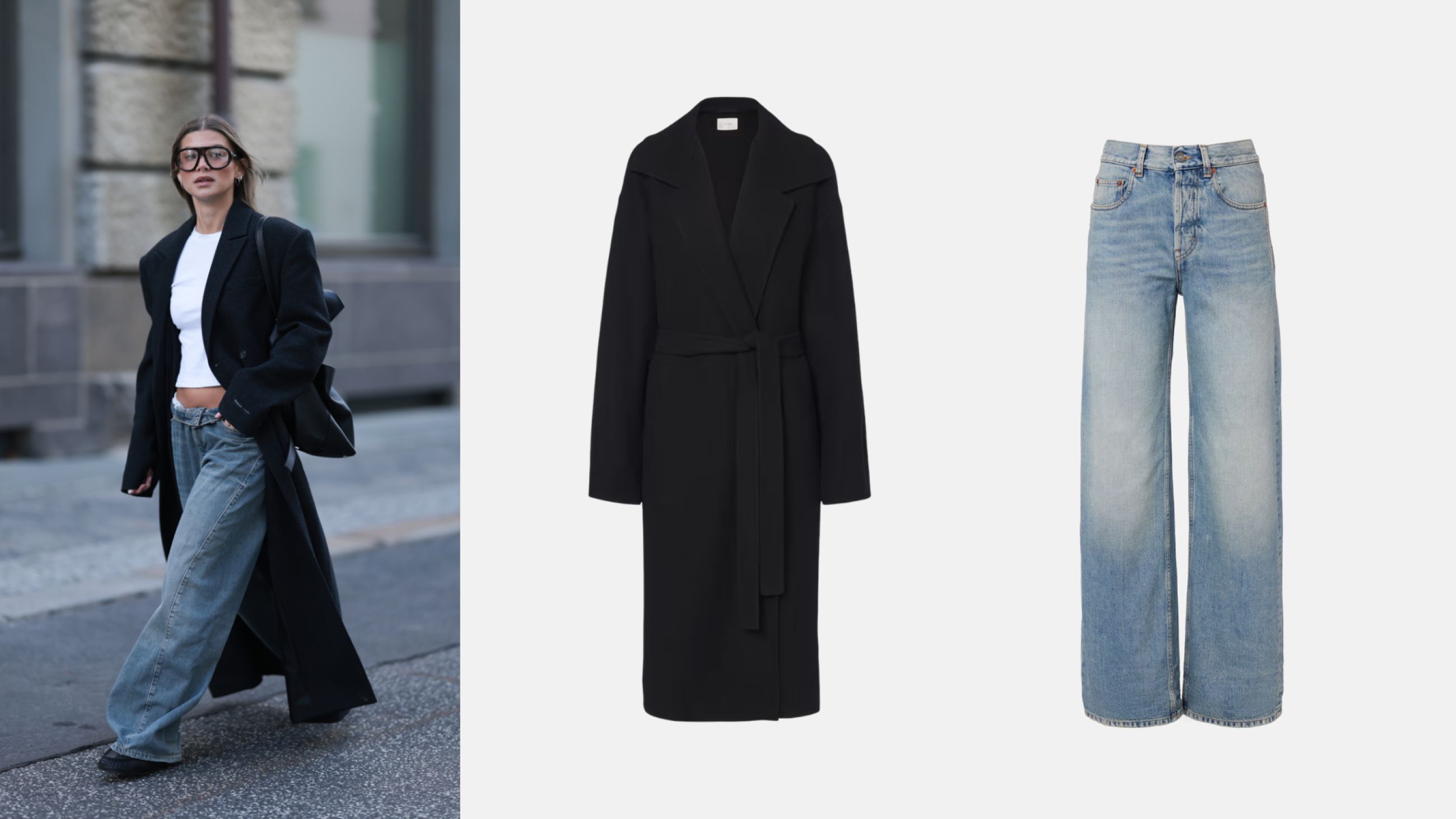 Da sinistra: Credits Getty Images; Cappotto The Row; Jeans Saint Laurent
