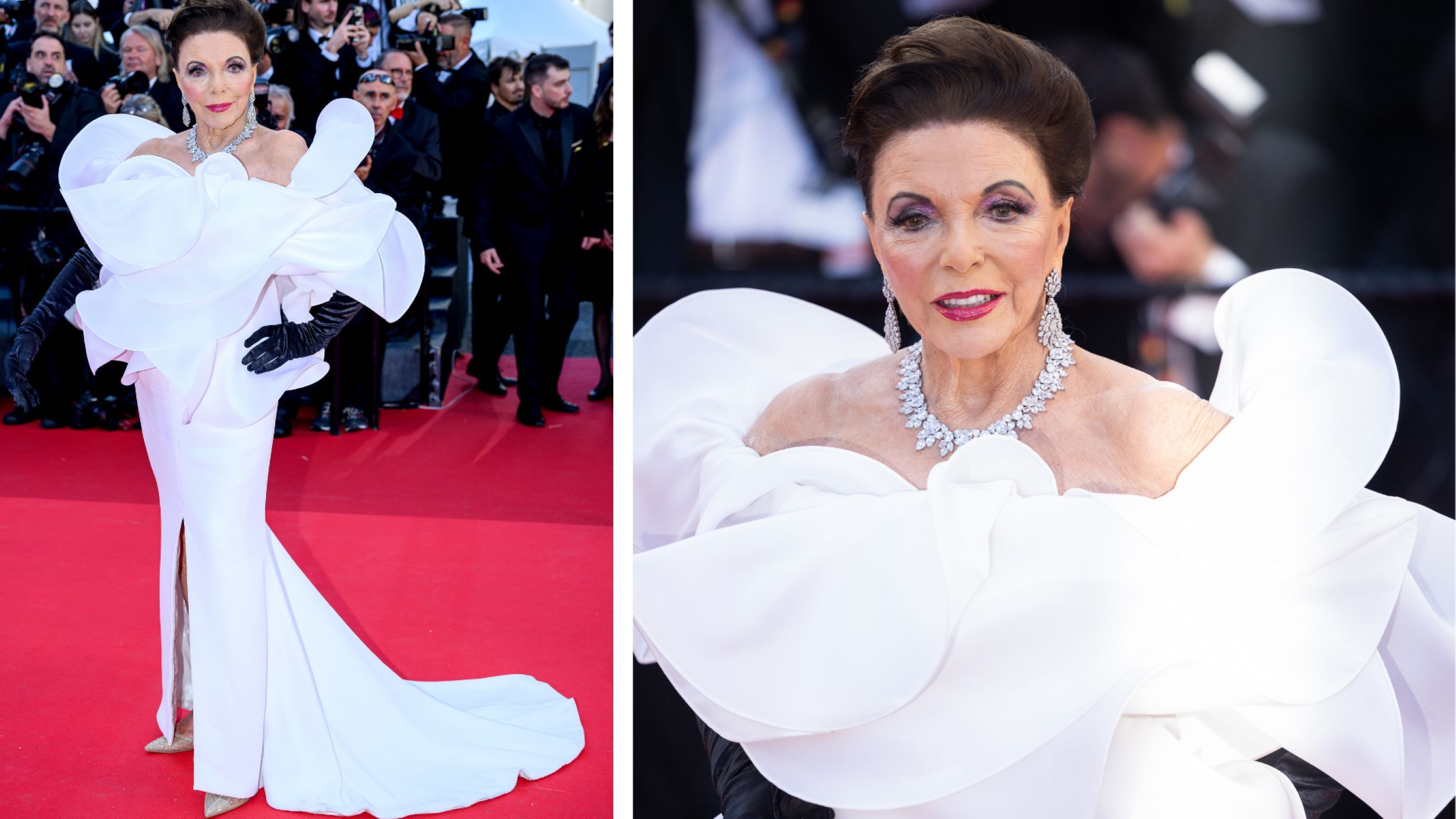 Da sinistra: Dame Joan Collins partecipa alla cerimonia di apertura e alla proiezione di "La Vénus Electrique" durante la 79ª edizione del Festival di Cannes, 2026; Dame Joan Collins durante la 79ª edizione del Festival di Cannes, 2026 - Credits Getty Images
