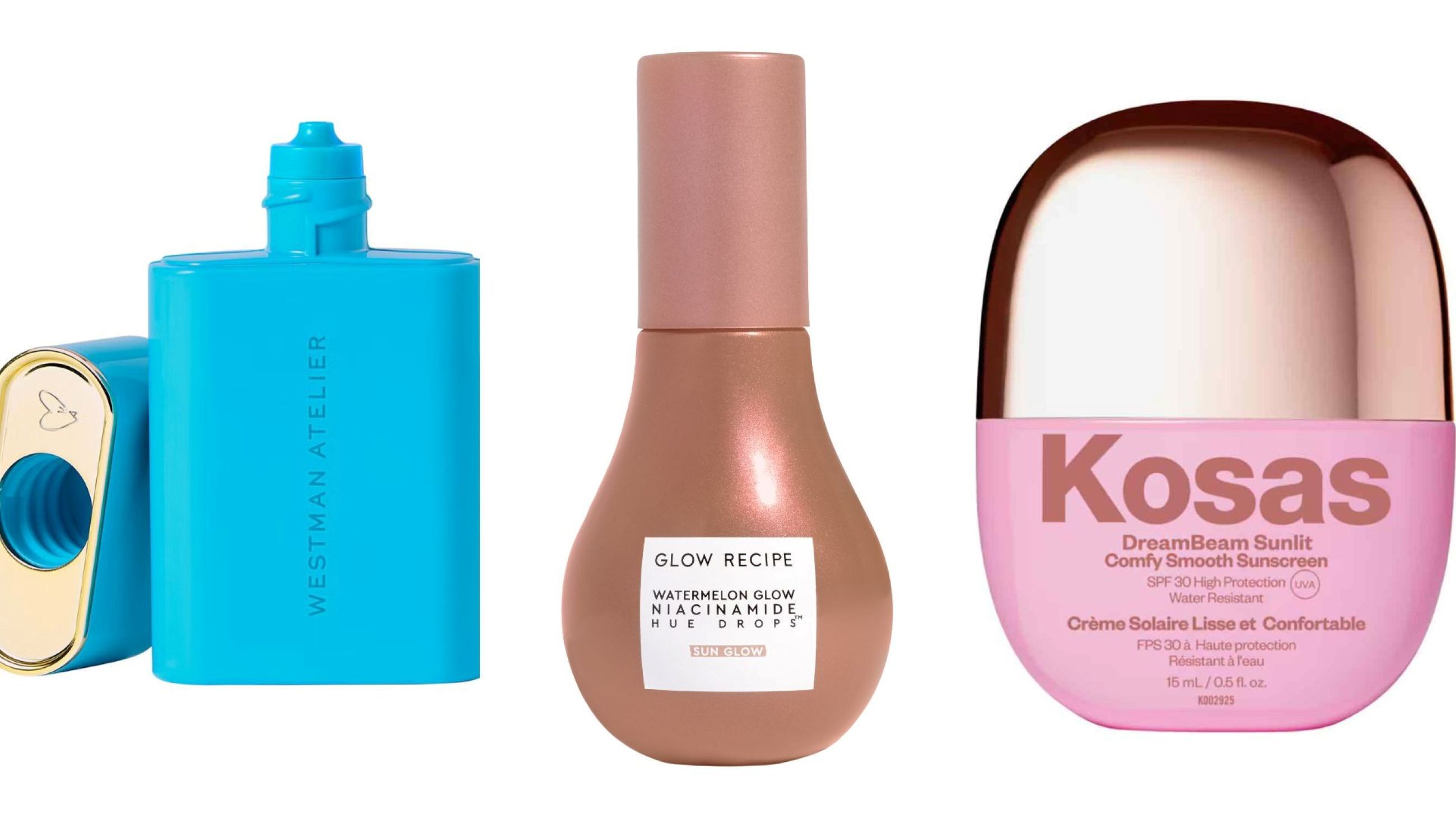 Westman Atelier, Sun Tone Bronzing Drops; Glow Recipe, Watermelon Glow Niacinamide Hue Drops; Kosas, Dream Beam Sunlit - Credits: Courtesy Press Office