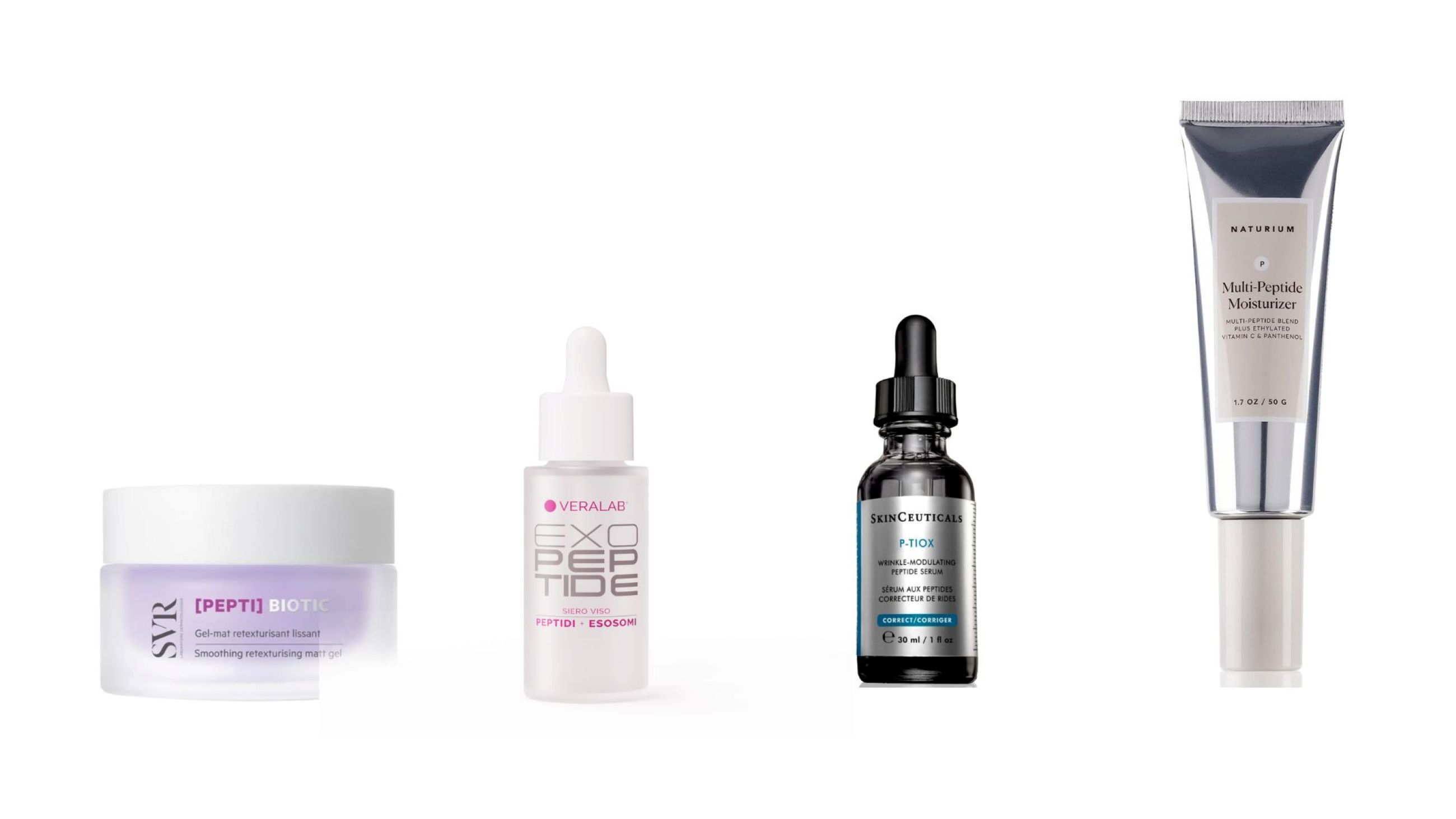 SVR, Pepti Biotic Gel Mat; Veralab, Siero Exopeptide; SkinCeuticals, P-Tiox Neuro Peptide Serum; Naturium, Multi Peptide Moisturizer - Courtesy Press Office