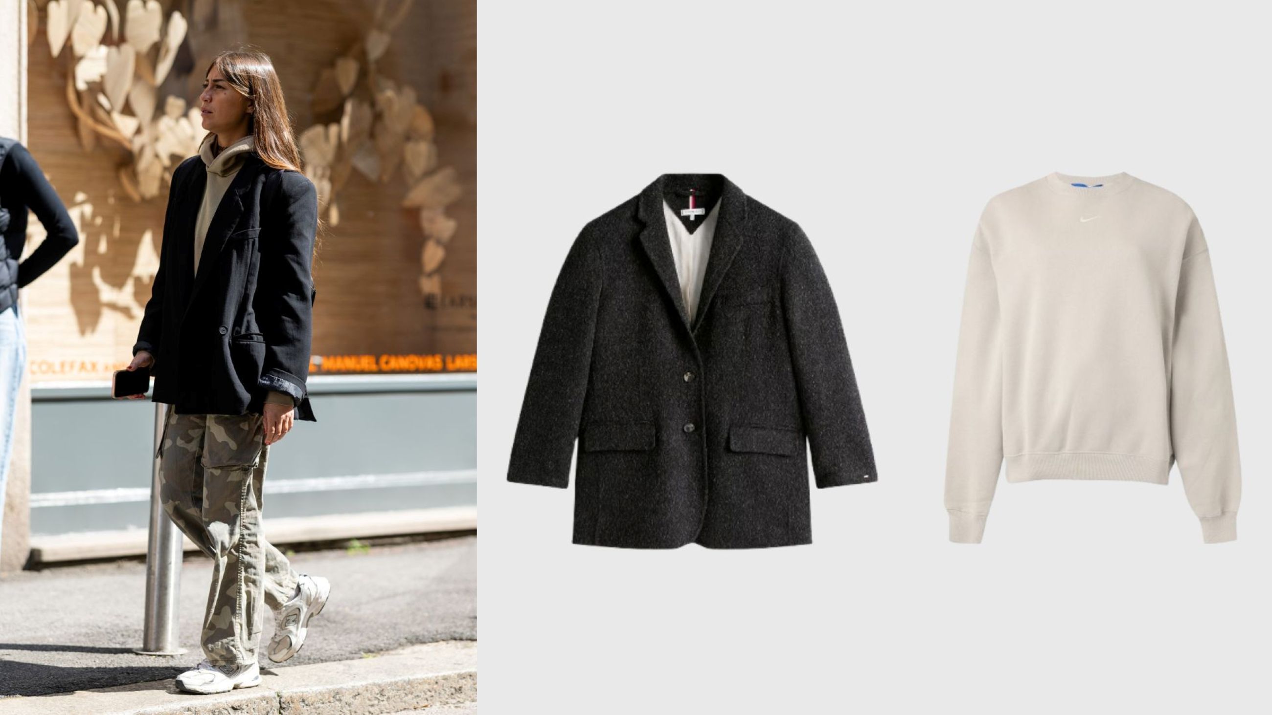 Street Style; blazer oversize in lana e alpaca Tommy Hilfiger con felpa Nike Studio Fleece color crema - Credits: Getty Images; Courtesy Press Office