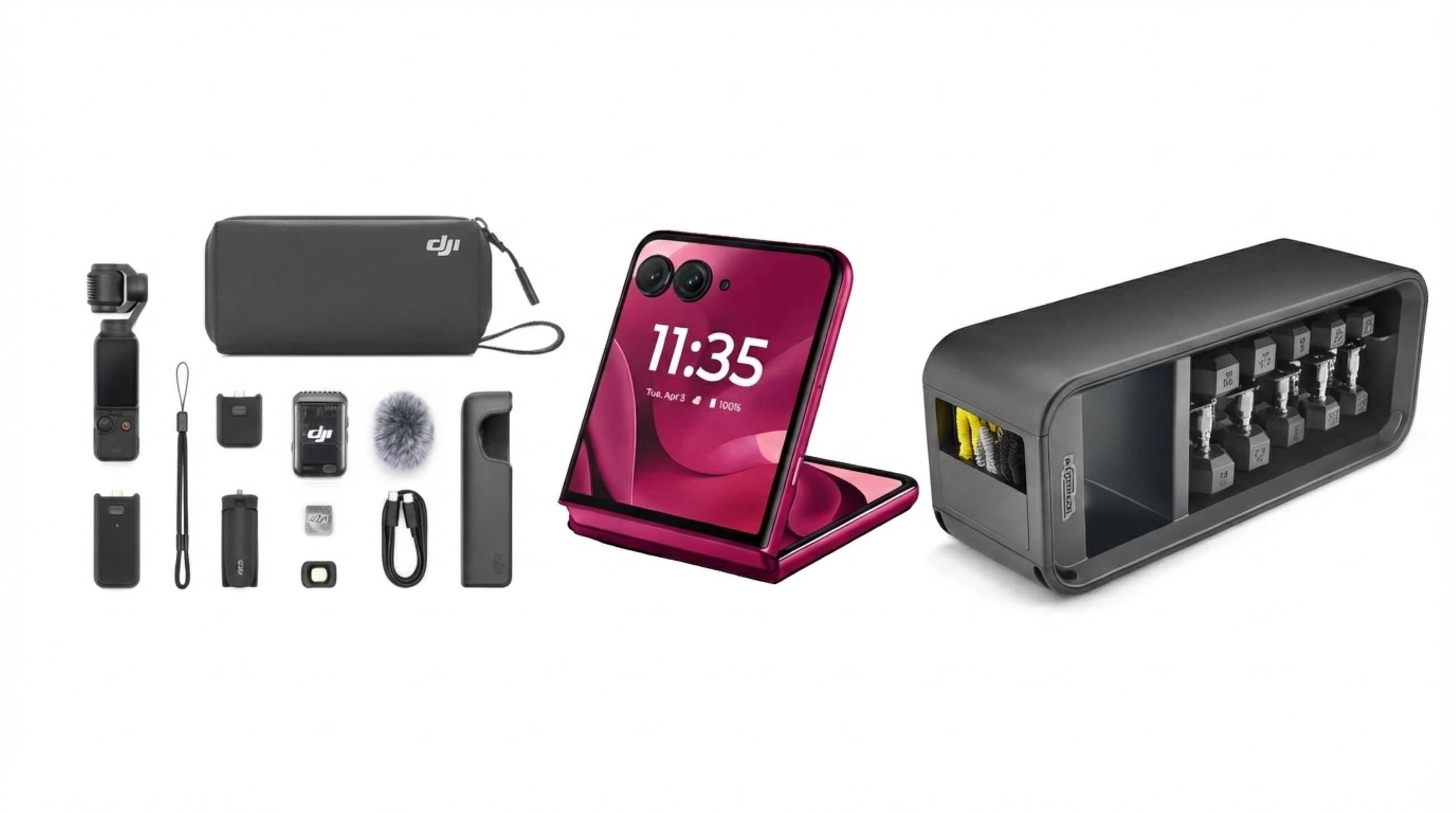 Da sinistra: DJI Osmo Pocket 3 Creator Combo, Motorola Razr 60 Ultra, Technogym Bench - Courtesy Press Office