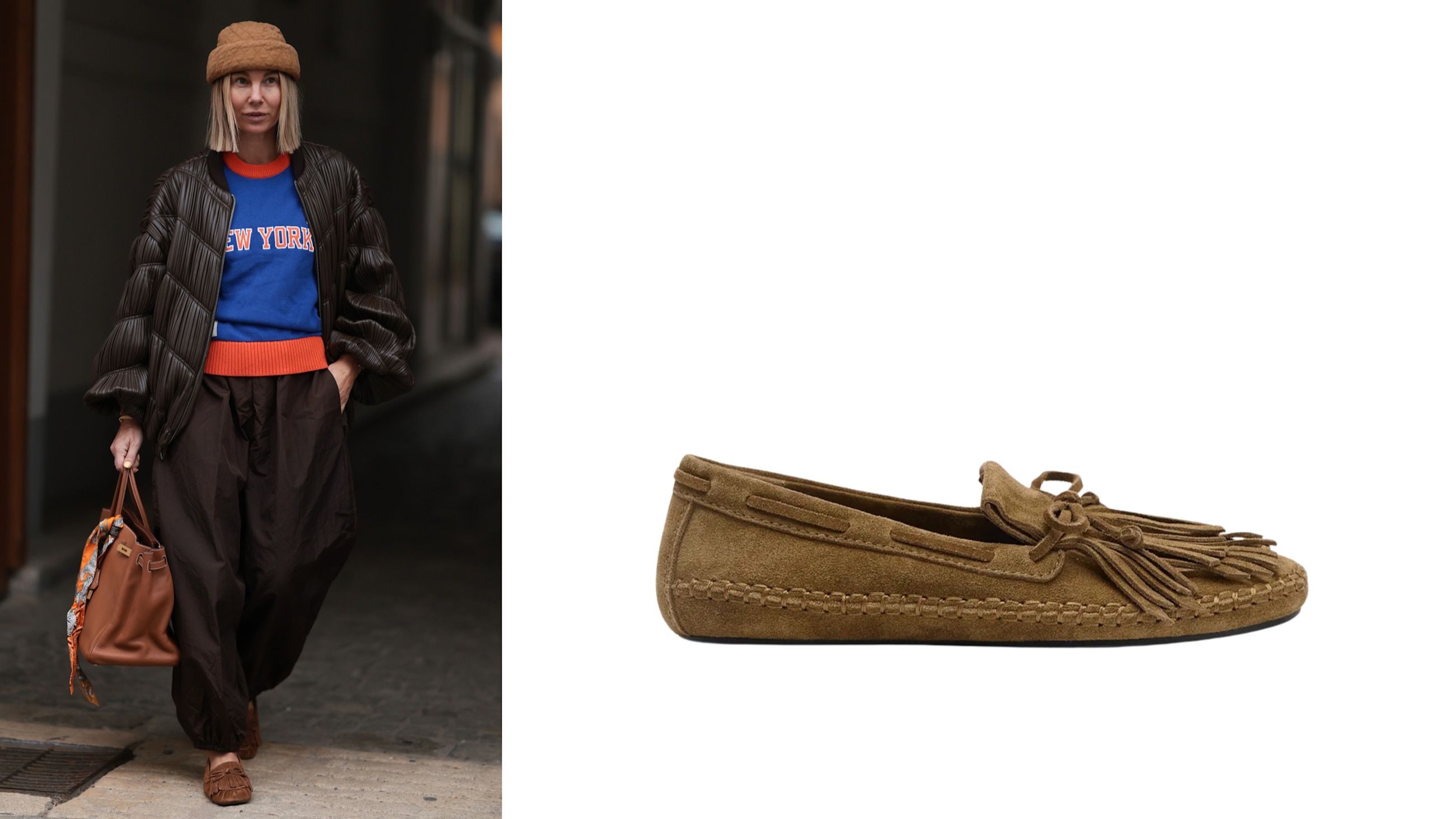 Da sinistra: street style, credits Launchmetrics.com/Spotlight; mocassino con frange, Zara