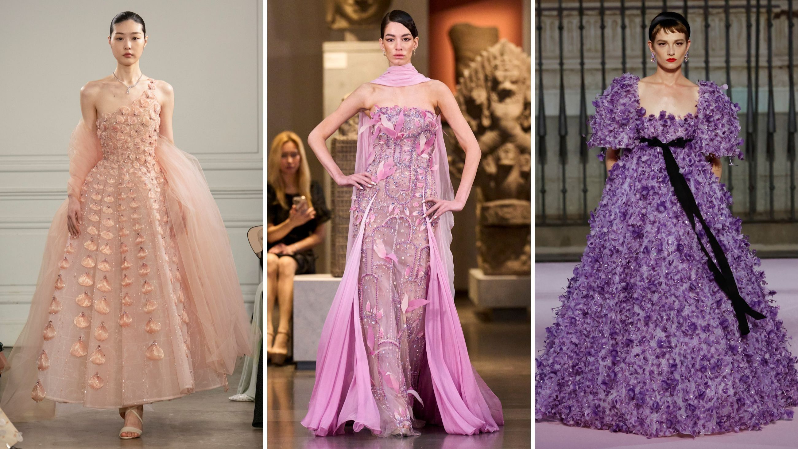 Dalle passerelle PE26: da sinistra, Phan Huy HC PE26, Ajaj HC PE26 e Carolina Herrera Prêt-à-Porter PE26 - Credits: Launchmetrics.com/Spotlight