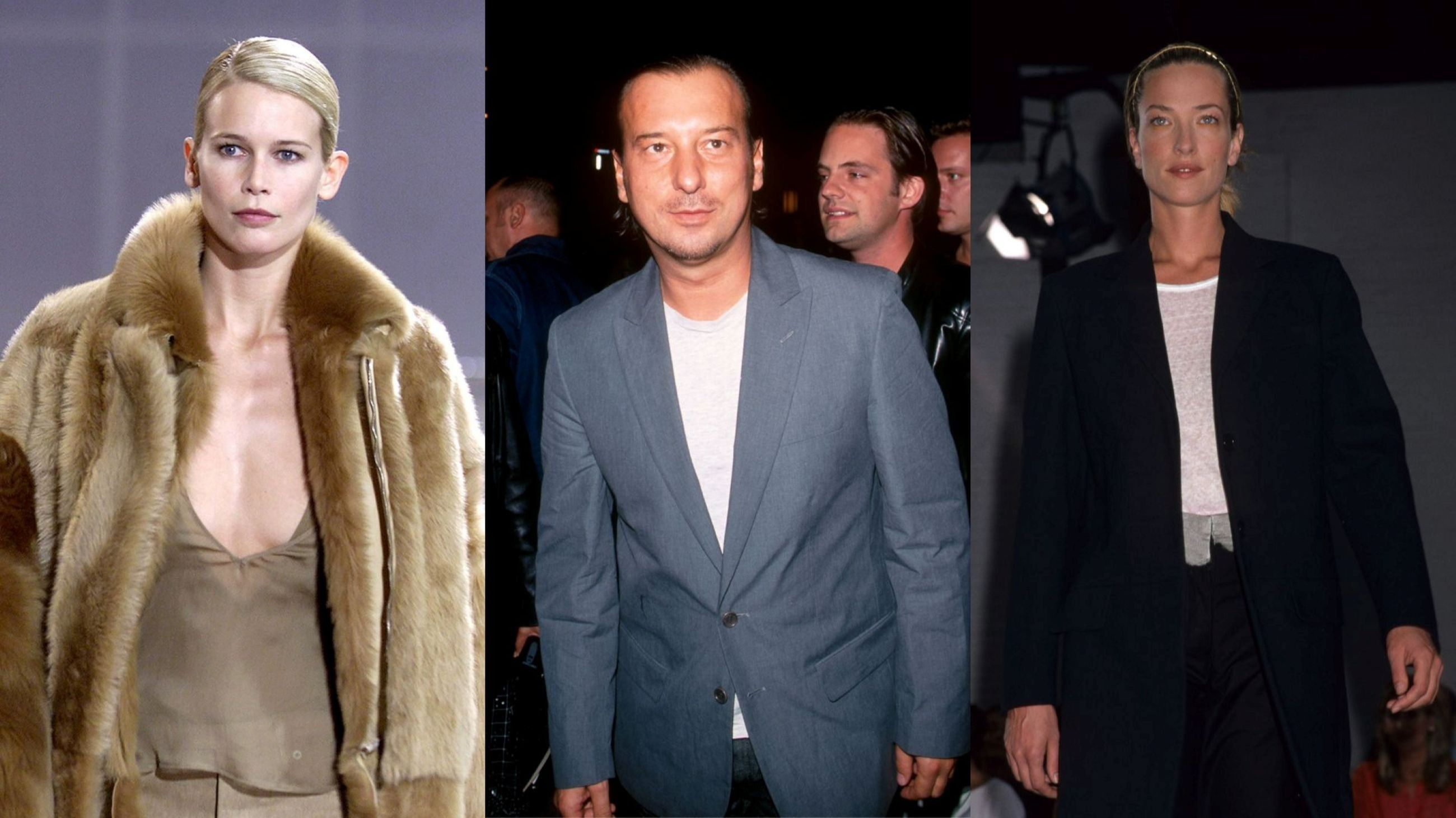 Helmut Lang (in mezzo) e ai lati alcune sue creazioni in passerella. A sinistra, la modella Tatijana Patitz nel 1998, a destra Claudia Schiffer nel 2000 - Credits: Getty Images 