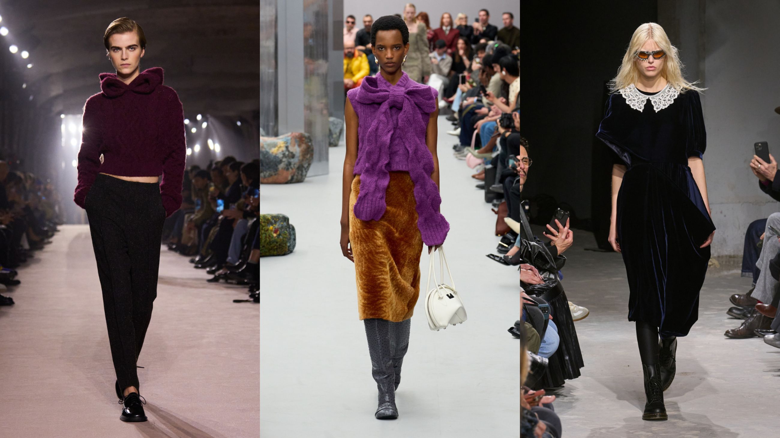 Da sinistra Victoria Beckham; Acne Studios; Junya Watanabe FW25 - Credits Launchmetrics.com/Spotlight 