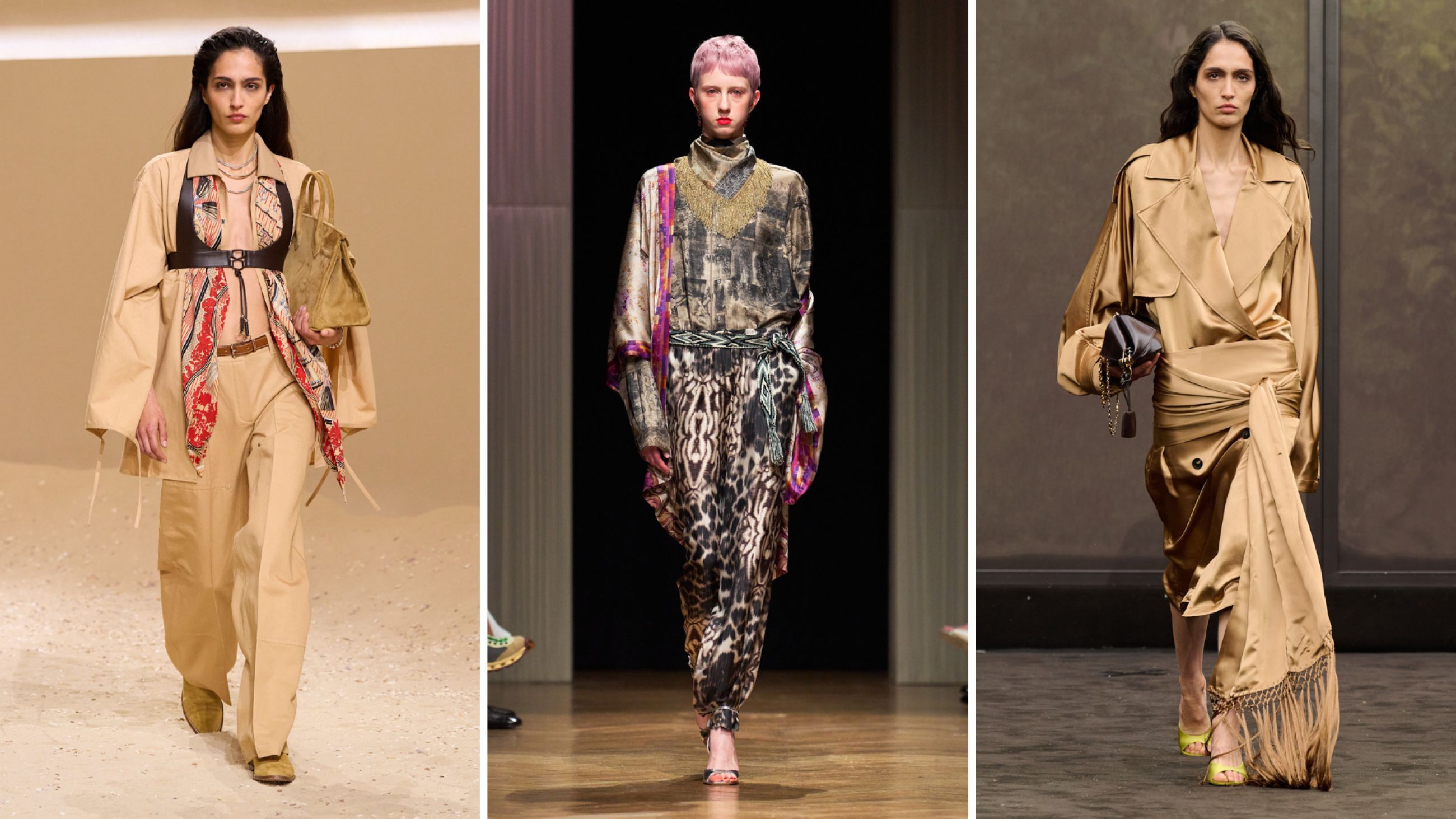 Da sinistra: Hermès; Pierre-Louis Mascia; Ferragamo SS26 - Credits Launchmetrics.com/Spotlight