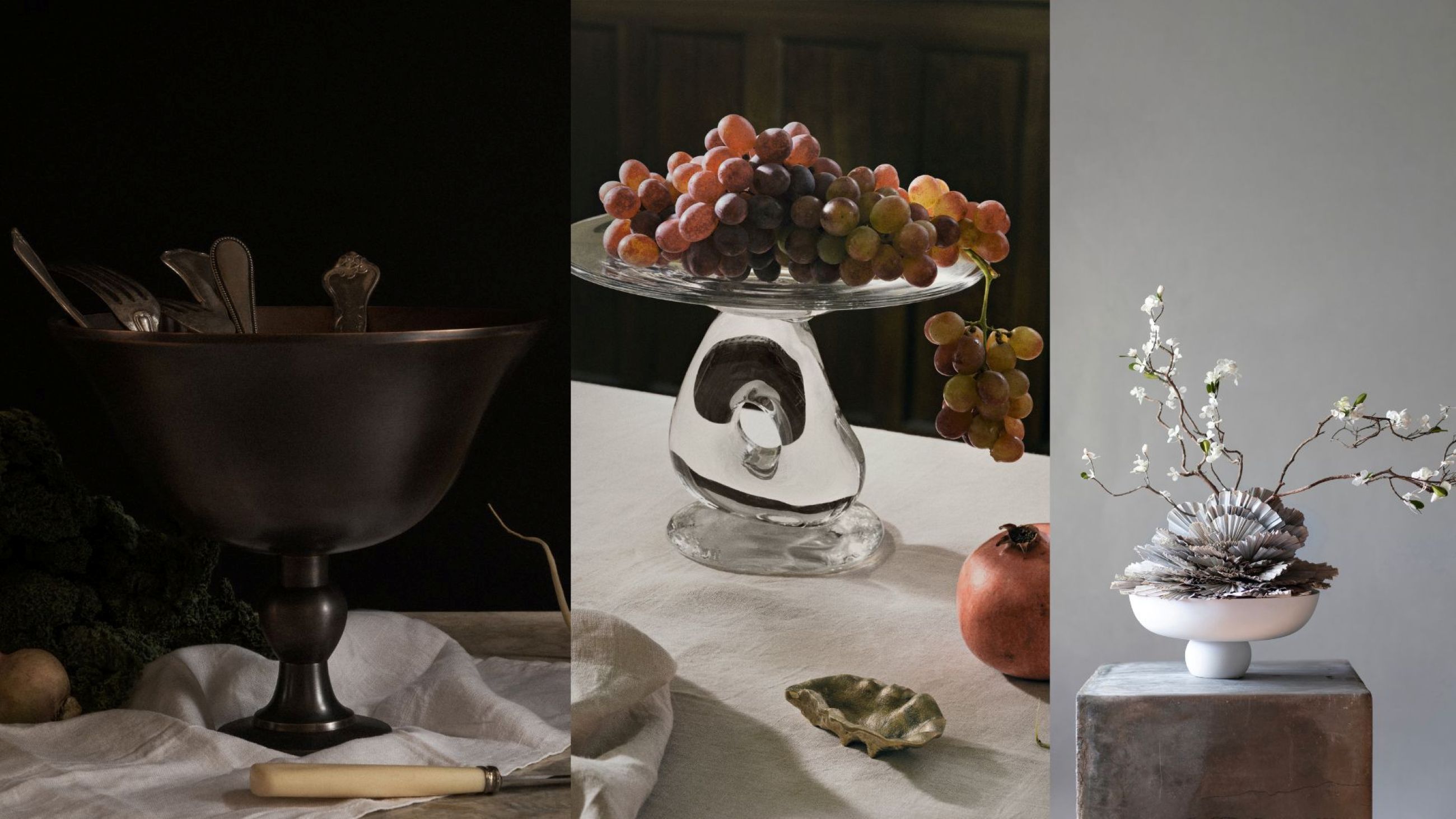 Damo Glass Centrepiece, Ferm Living; Pavot Bowl, Audo Copenhagen; Baburu Centrepiece, 101 Copenhagen - Courtesy Press Office 