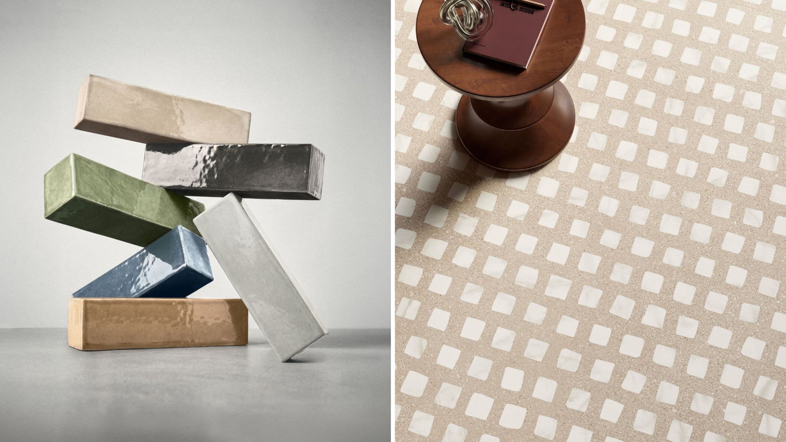 La collezione Miniature Aroma di Ceramiche Marca Corona; La nuova linea Gravel di Ceramica Sant'Agostino - Credits: Courtesy Ceramiche Marca Corona; Courtesy Ceramica Sant'Agostino