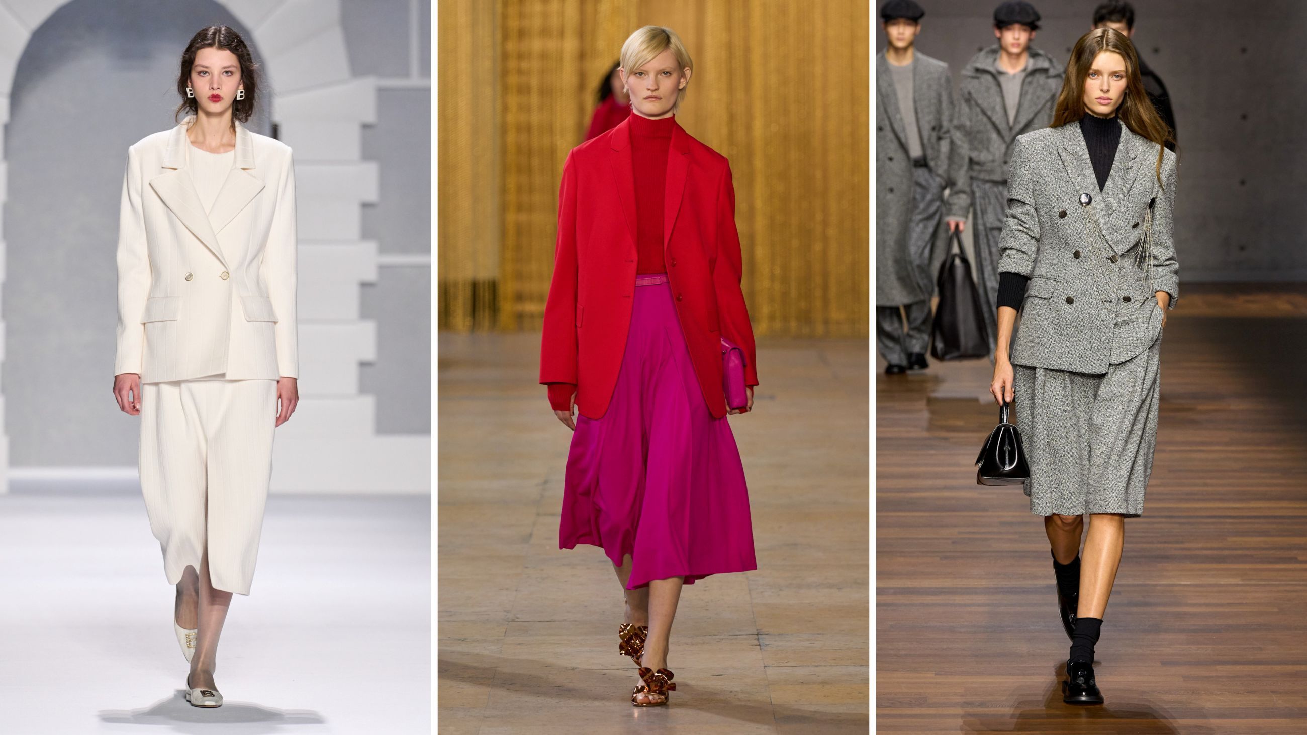Dalle passerelle FW26: da sinistra Laura Biagiotti; Akris; Emporio Armani - Credits: Launchmetrics.com/Spotlight