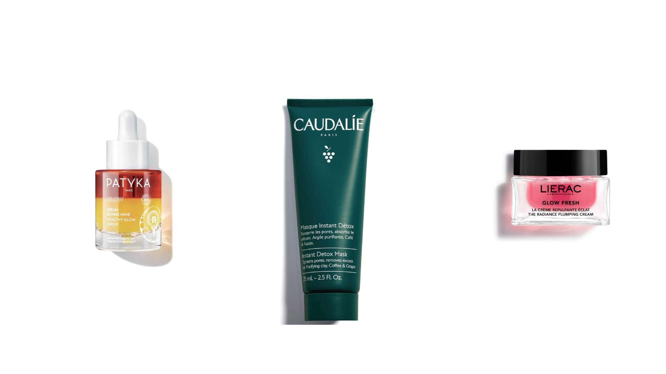 Patyka, Healthy Glow Serum; Caudalie, Instant Detox Mask; Lierac, Glow Fresh Plumping Cream - Credits: Courtesy Press Office