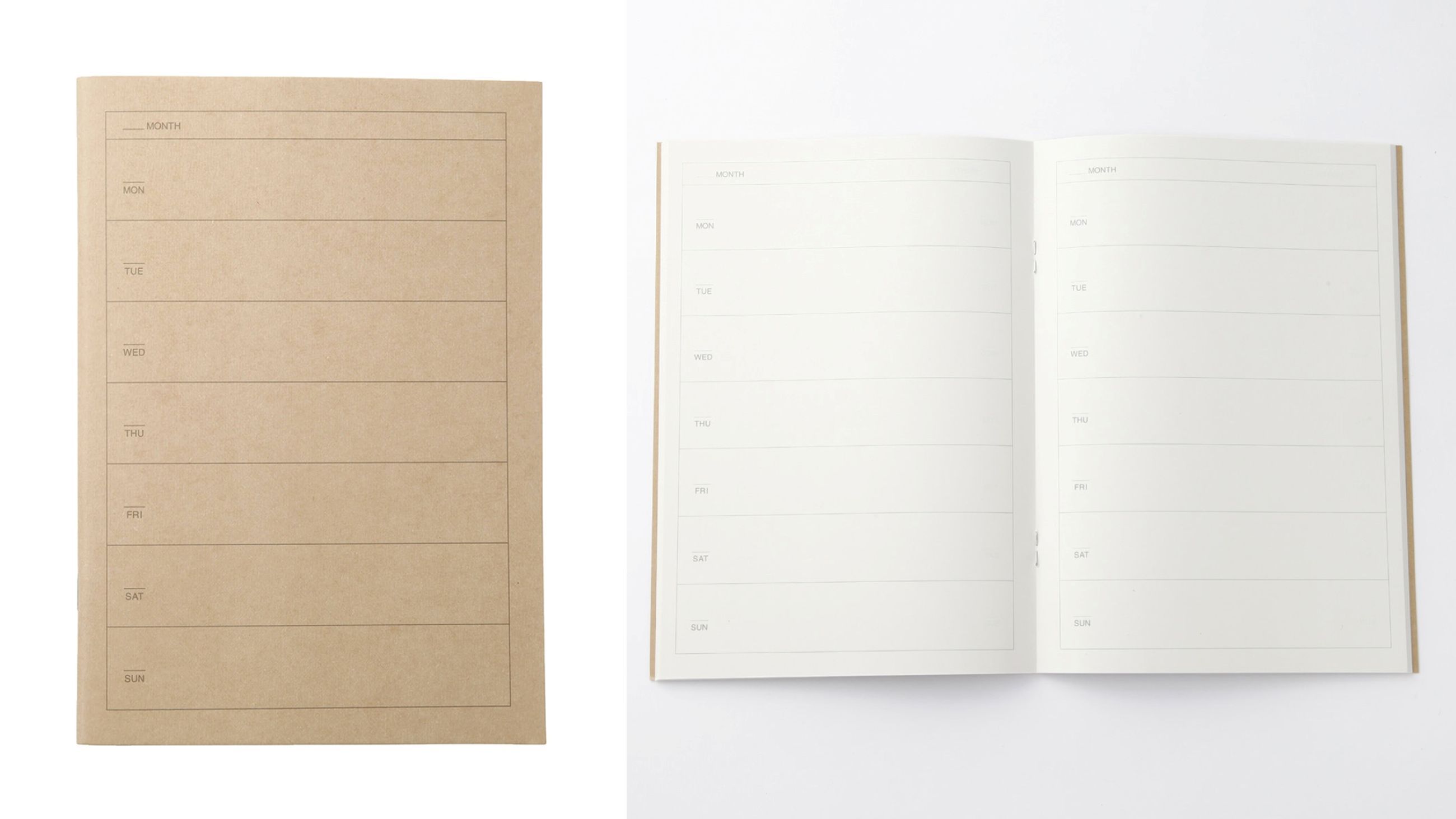Planner settimanale MUJI su carta riciclata, layout essenziale con campi vuoti pensati per uso flessibile – Courtesy Press Office