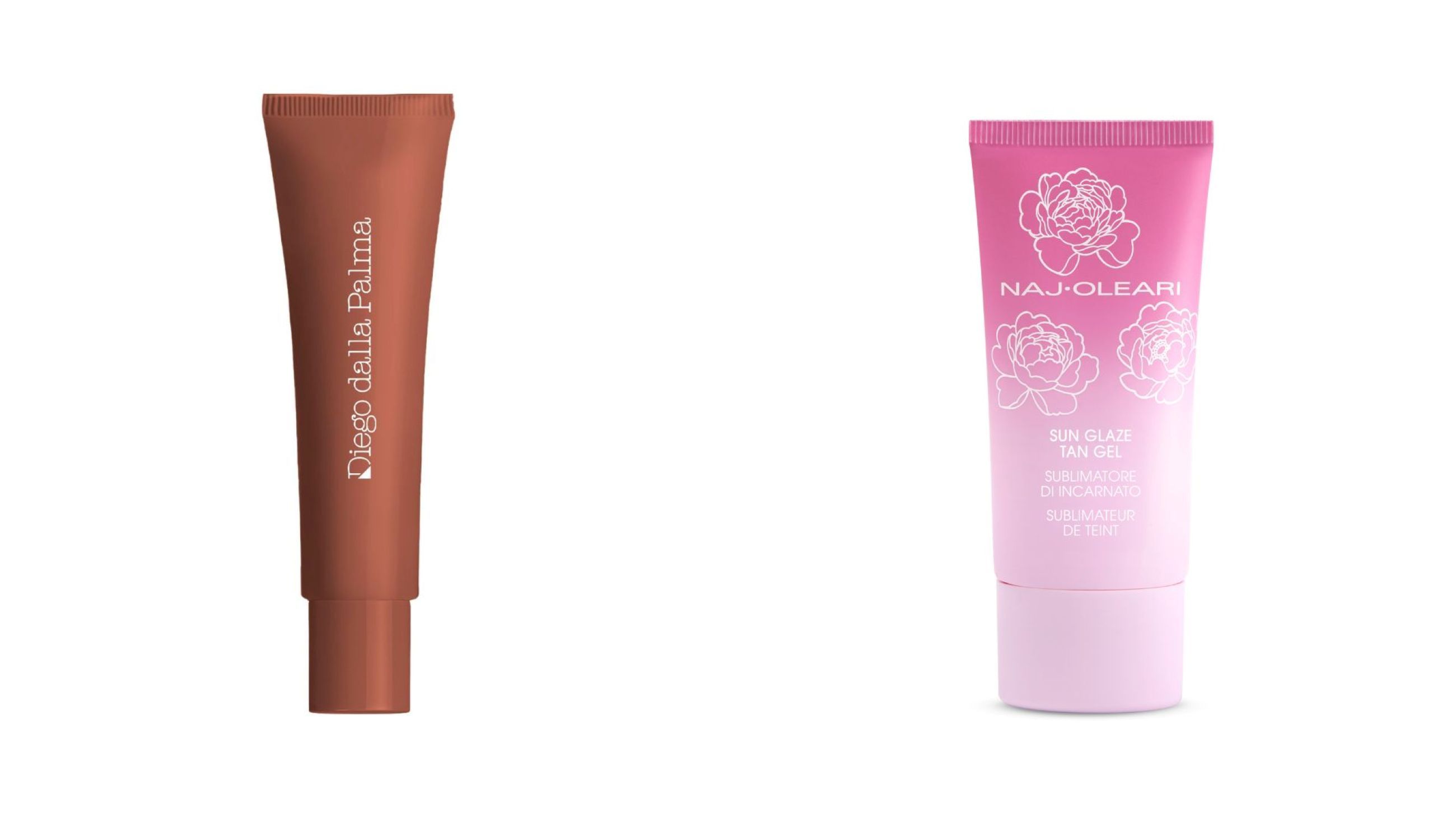 Diego dalla Palma, Tanning Gel Enhancer; Naj Oleari Beauty, Sun Glaze Tan Gel - Credits: Courtesy Press Office