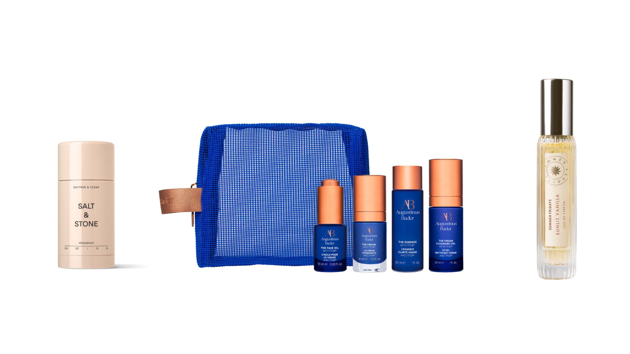 Da sinistra: Salt & Stone, Deodorante Zafferano e Cedro; Augustinus Bader, The Starter Kit; Summer Fridays, Sunlit Vanilla Travel Spray - Courtesy Press Office