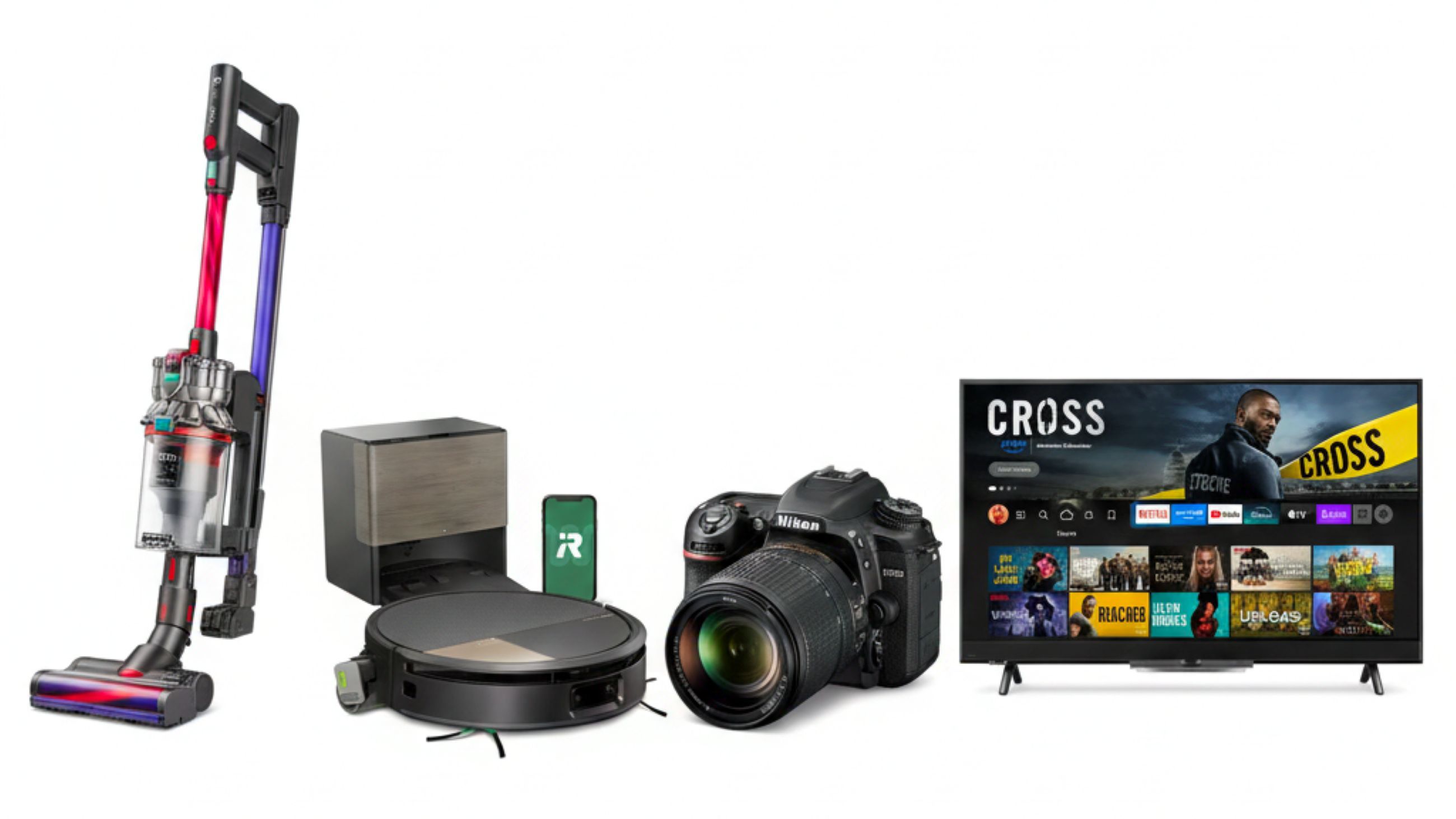 Da sinistra: Dyson V15 Detect, Roomba Max 705 Combo, Nikon D7500 + 18-140mm, Panasonic Z90B da 65 pollici - Courtesy Press Office