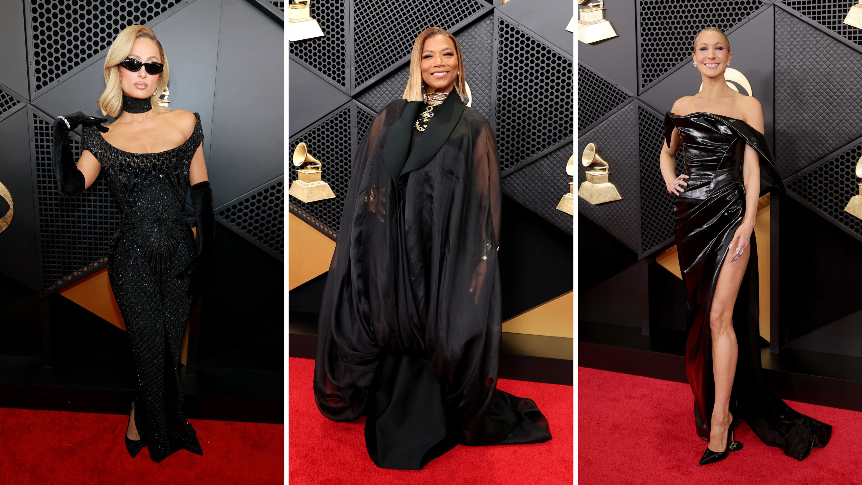 Da sinistra Paris Hilton, Nikki Glaser e Queen Latifah sul tappeto rosso della 68° edizione dei Grammy Awards, Crypto.com Arena, Los Angeles - Credits: Getty Images
