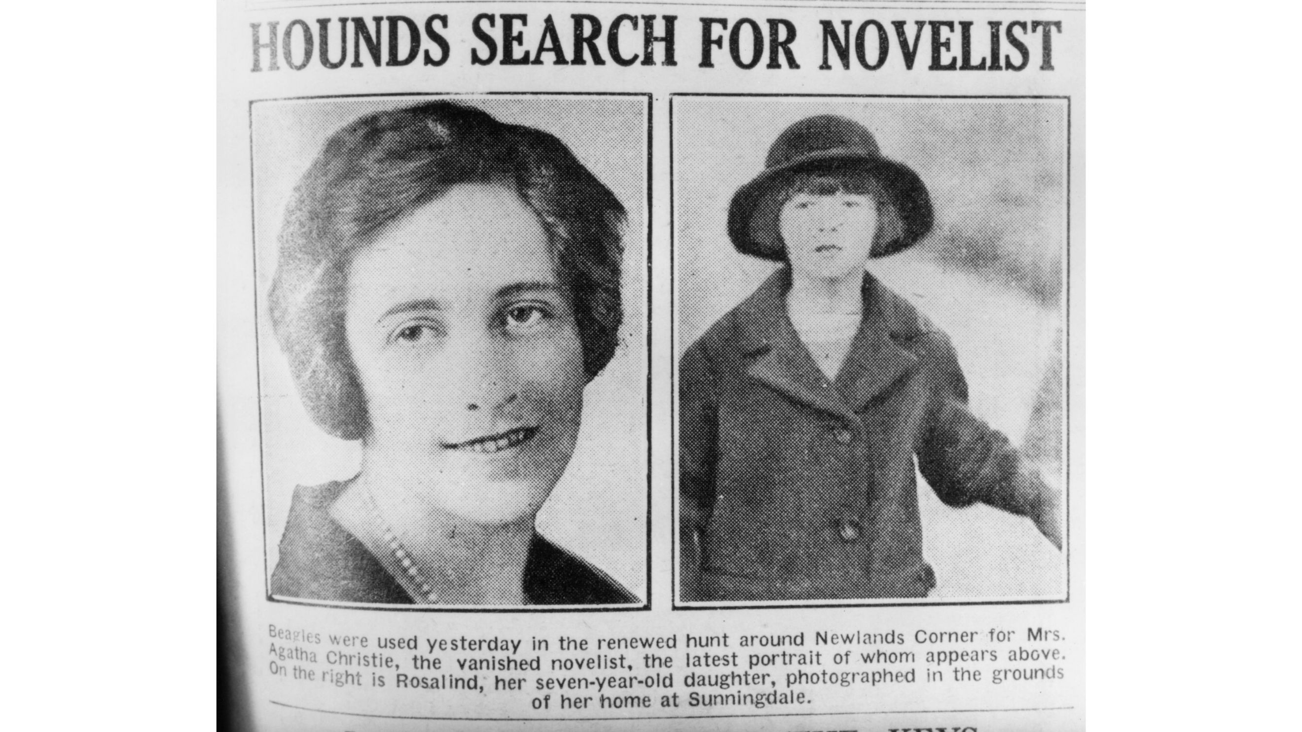 L’articolo di un giornale britannico del 1926 che riporta della misteriosa scomparsa di Agatha Christie, ritratta in foto. Accanto, una foto della figlia - Credits Getty Images