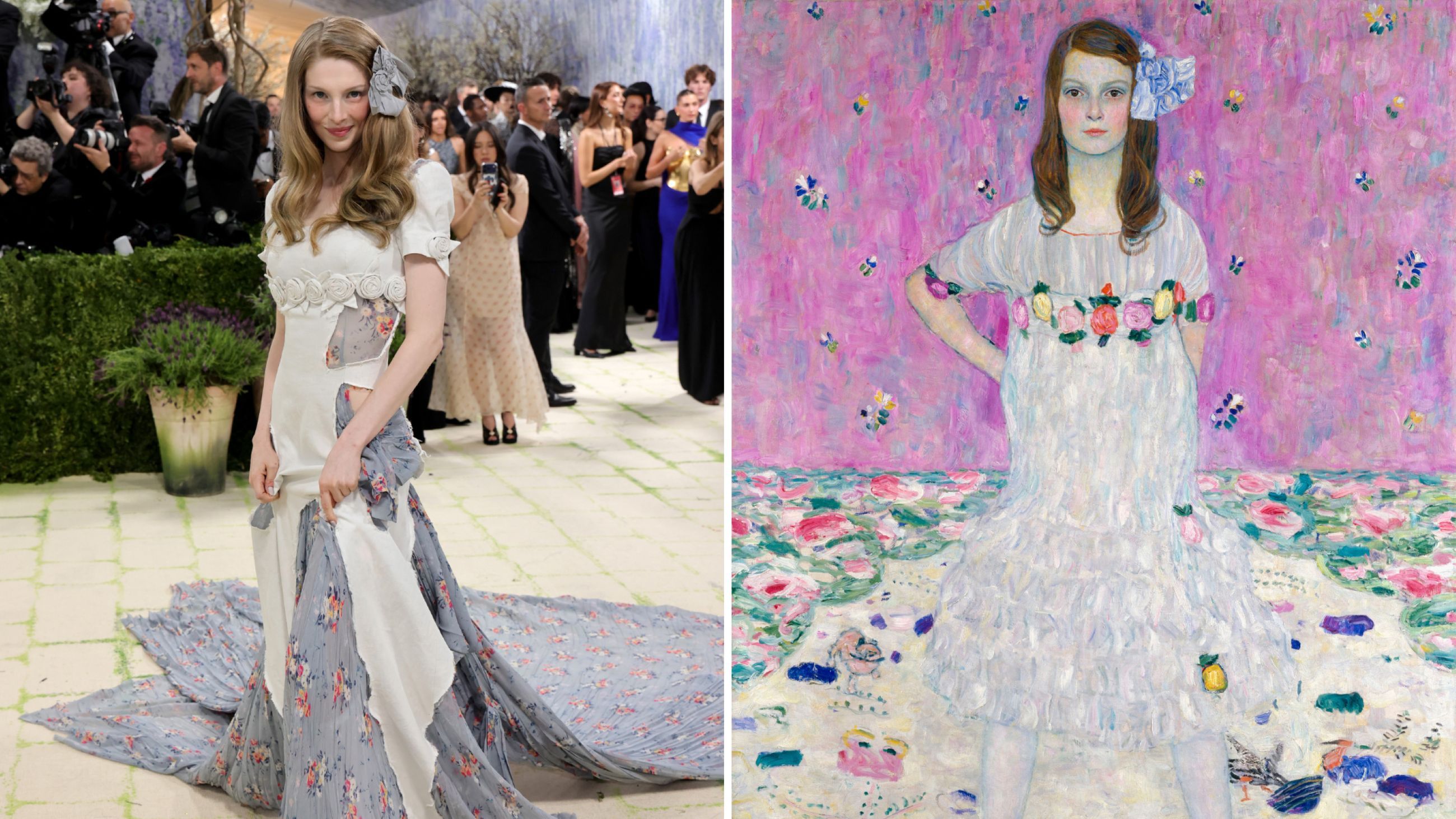 A sinistra: Hunter Schafer al Met Gala 2026 - Credits Getty Images); a destra: Mäda Primavesi di Gustav Klimt