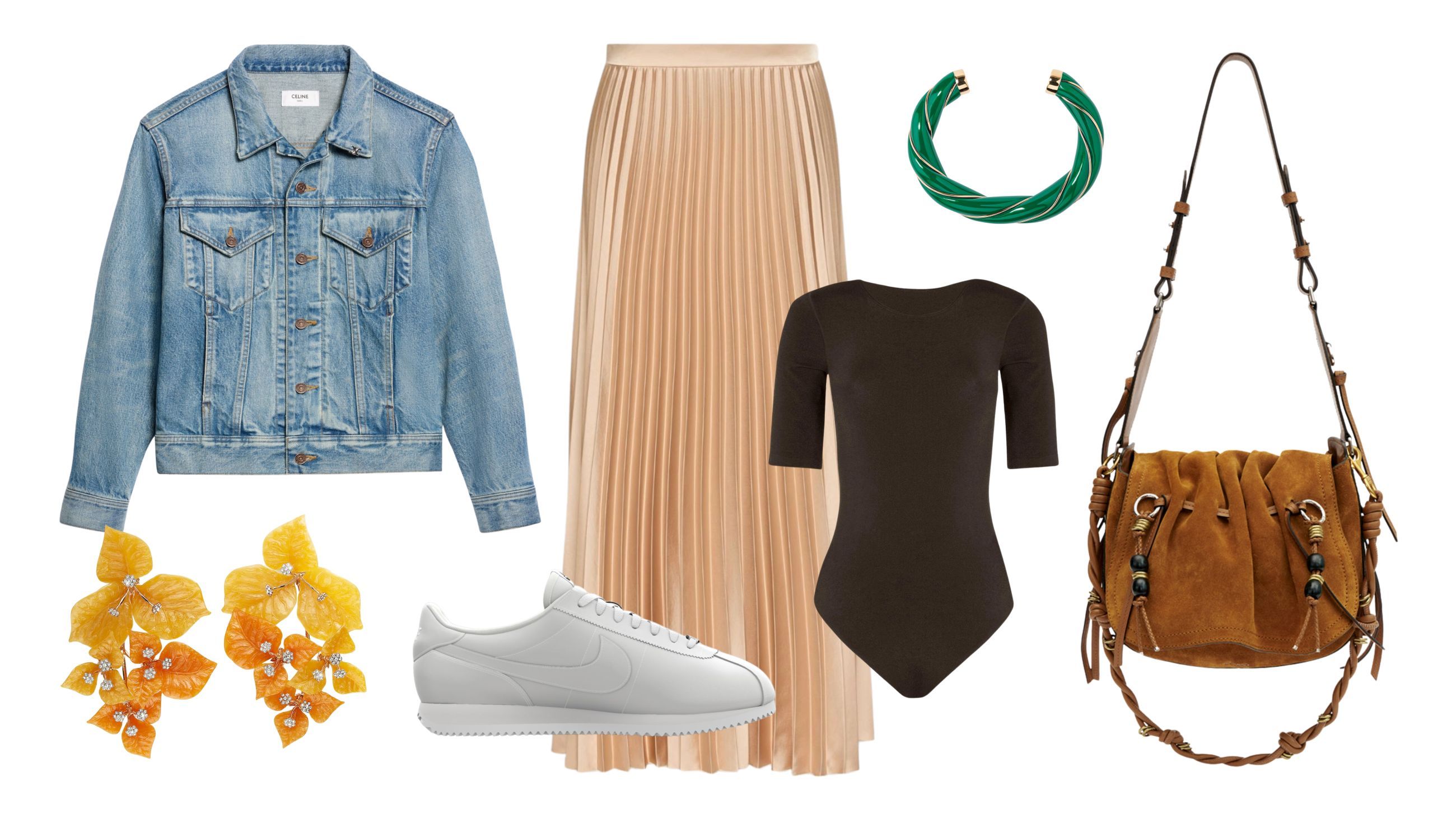 Gonna, Max Mara; body, Walford; giubbino, Celine; sneakers, Nike; orecchini, Aquazzura; bracciale, Aurelie Bidermann; borsa, Isabel Marant 