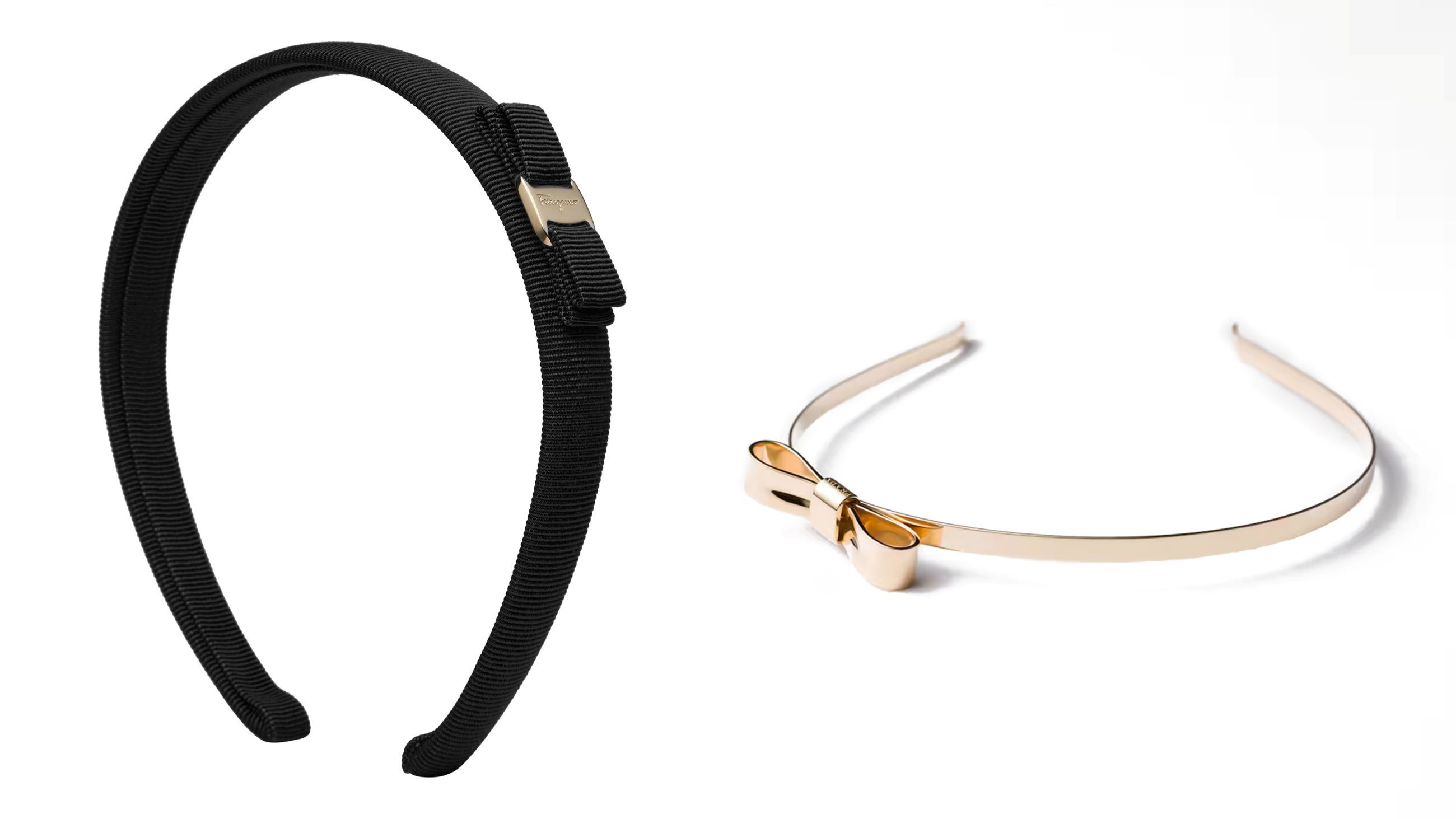 Da sinistra, il modello in gros grain con fiocchetto Vara e placca dorata con scritta di Ferragamo e l’Eternal Gold Bow firmato Prada - Credits: Press Office; Credits: www.prada.com