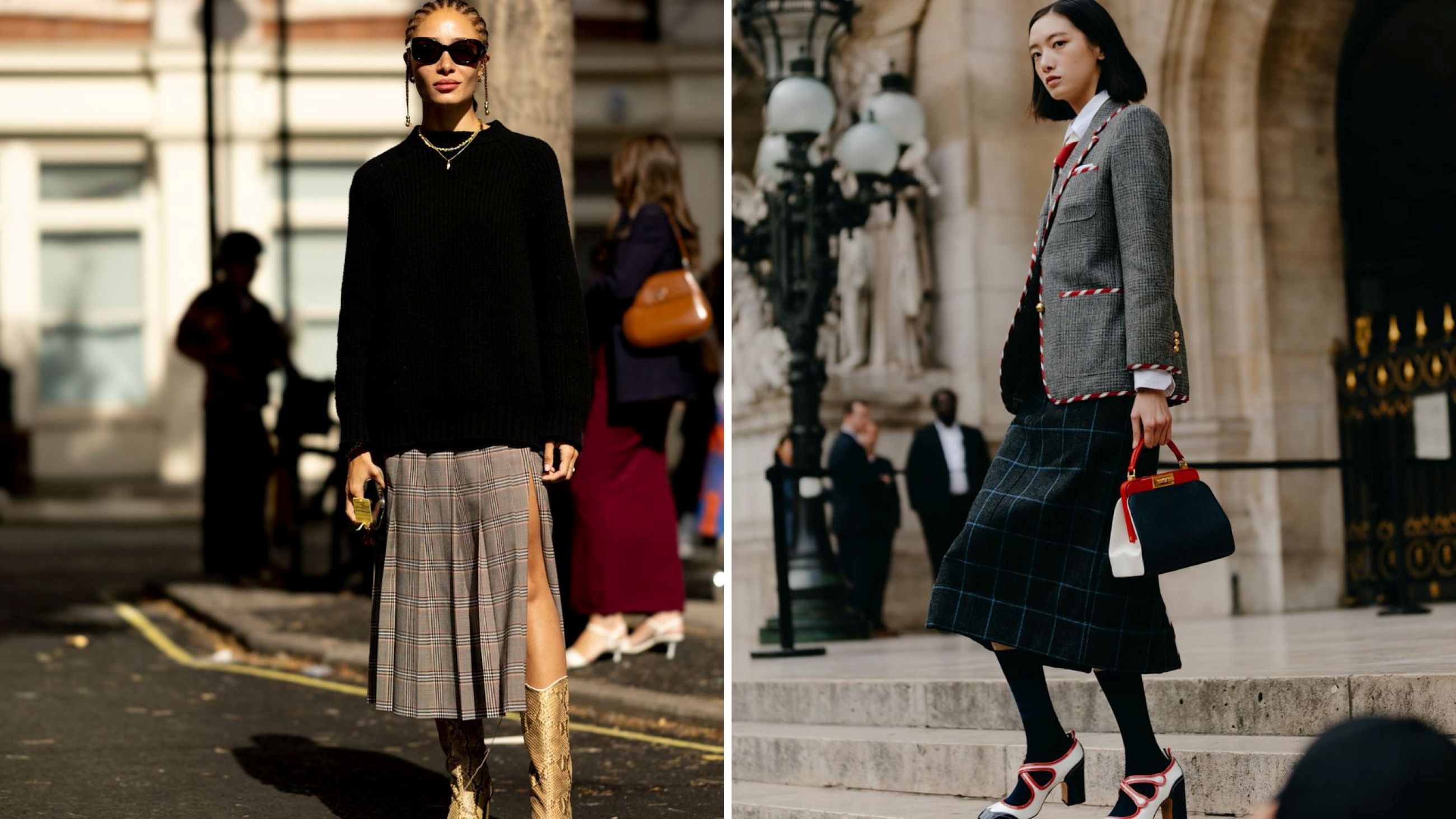 Due look street style in cui viene modernizzata la gonna tartan - Credits: Launchmetrics.com/Spotlight