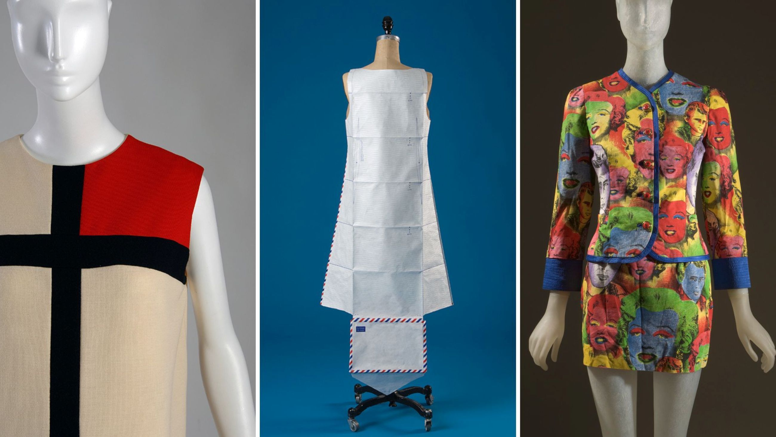 Yves Saint Laurent, abito, in jersey di lana bianco sporco, nero e rosso, autunno 1965, Francia, dono di Igor Kamlukin dall’Eredità di Valentina Schlee; Hussein Chalayan, abito, in Tyvek® bianco, 1999, Inghilterra; Versace, giacca multicolore in cotone e seta, 1991, Italia - Credits: Courtesy Press Office